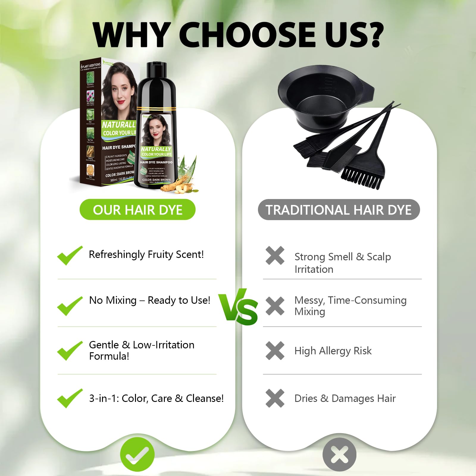 White Smoke RKQNIER Dark Brown Hair Dye Shampoo for Women & Men, 15 Min Gray Coverage, 3 in 1 Semi-Permanent Color with Natural Herbal Ingredients, Lasts 60 Days