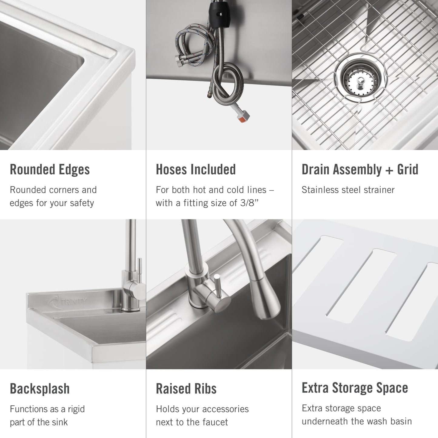 White Smoke TRINITY 21.5-Inch Freestanding Stainless Steel Utility Sink, NSF Commercial Sink for Laundry Room, Restaurant Kitchen Prep, Garage, Shop, Food Truck, Dog Wash, With Hot/Cold Pull-Out Faucet, White