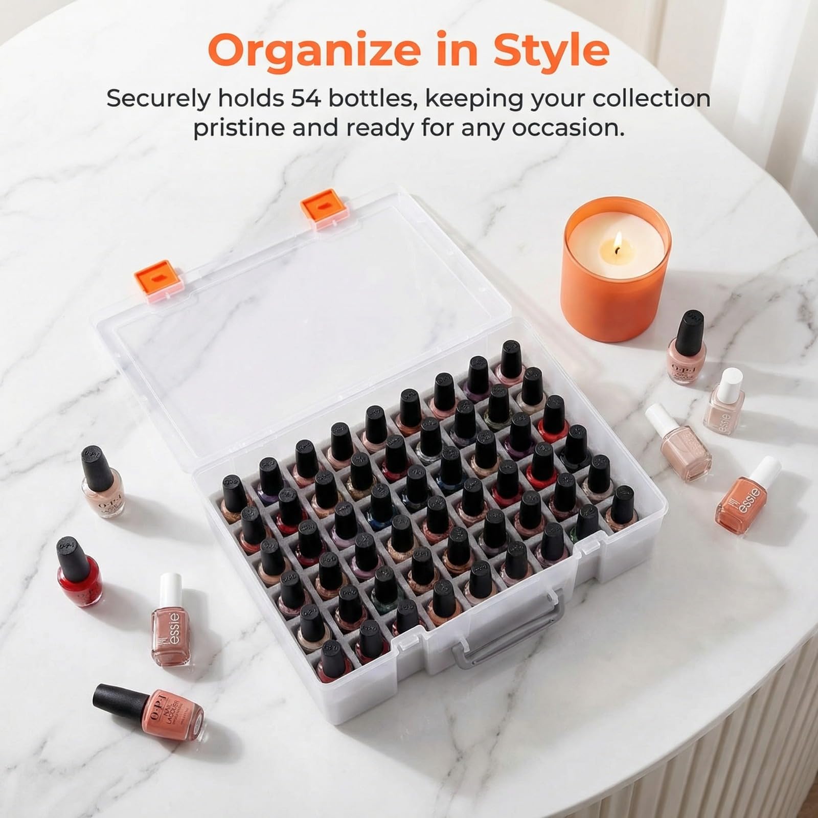 Lavender ALCYON 54-Bottle Nail Polish Organizer Case - Professional Clear Storage Box with Shockproof Sponge Foam - Secure Travel Bag for Beetles, for Essie - Prevents Glass Breakage Organized (Grey, For 54)