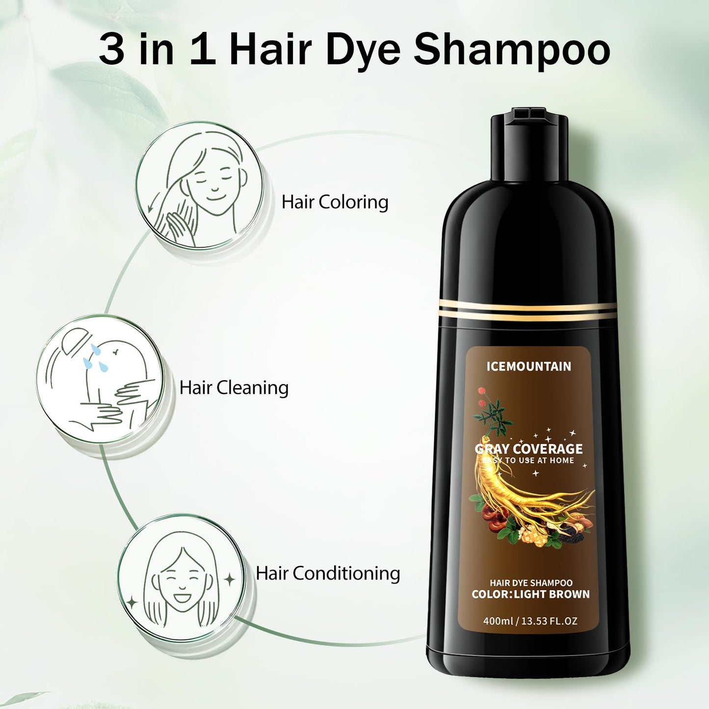 White Smoke Light Brown Hair Dye Shampoo 3 in 1, Instant 100% Gray Hair Coverage Hair Color Shampoo for Women Men with 9 Natural Herbal Ingredients