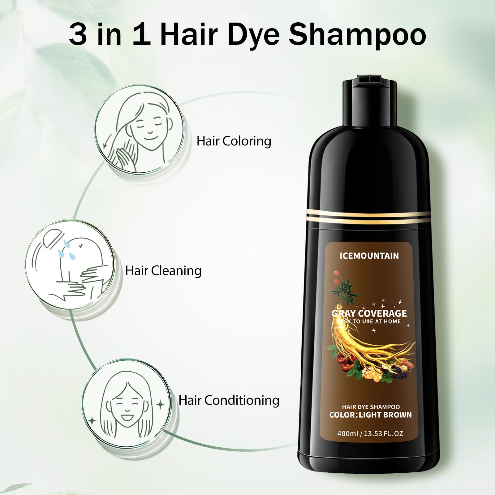 White Smoke Light Brown Hair Dye Shampoo 3 in 1, Instant 100% Gray Hair Coverage Hair Color Shampoo for Women Men with 9 Natural Herbal Ingredients
