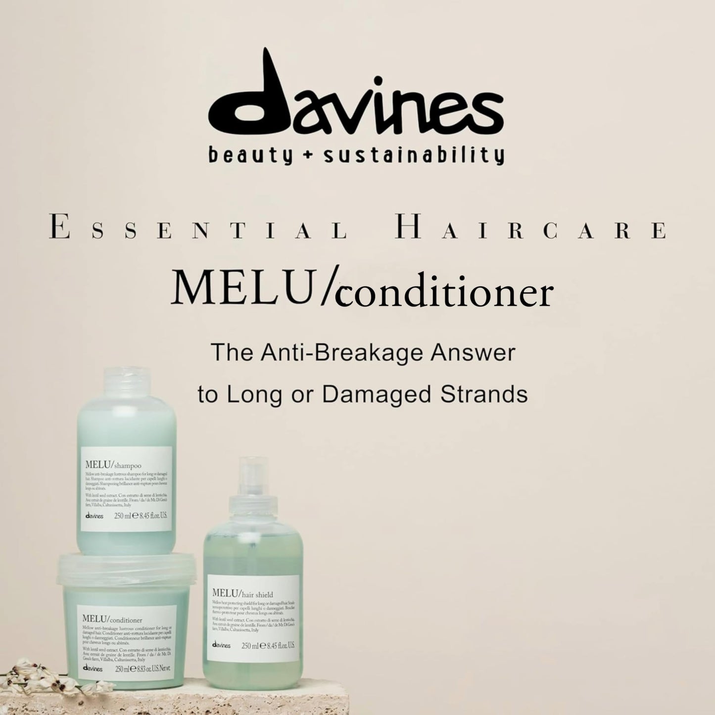 Light Gray Davines MELU Conditioner, Nourishing Light Anti-Breakage Emollient Formula for Long or Damaged Hair - Smooths and Softens Split Ends Weightless, Fortifies Strands with Lentil Seeds, 8.45 Fl Oz
