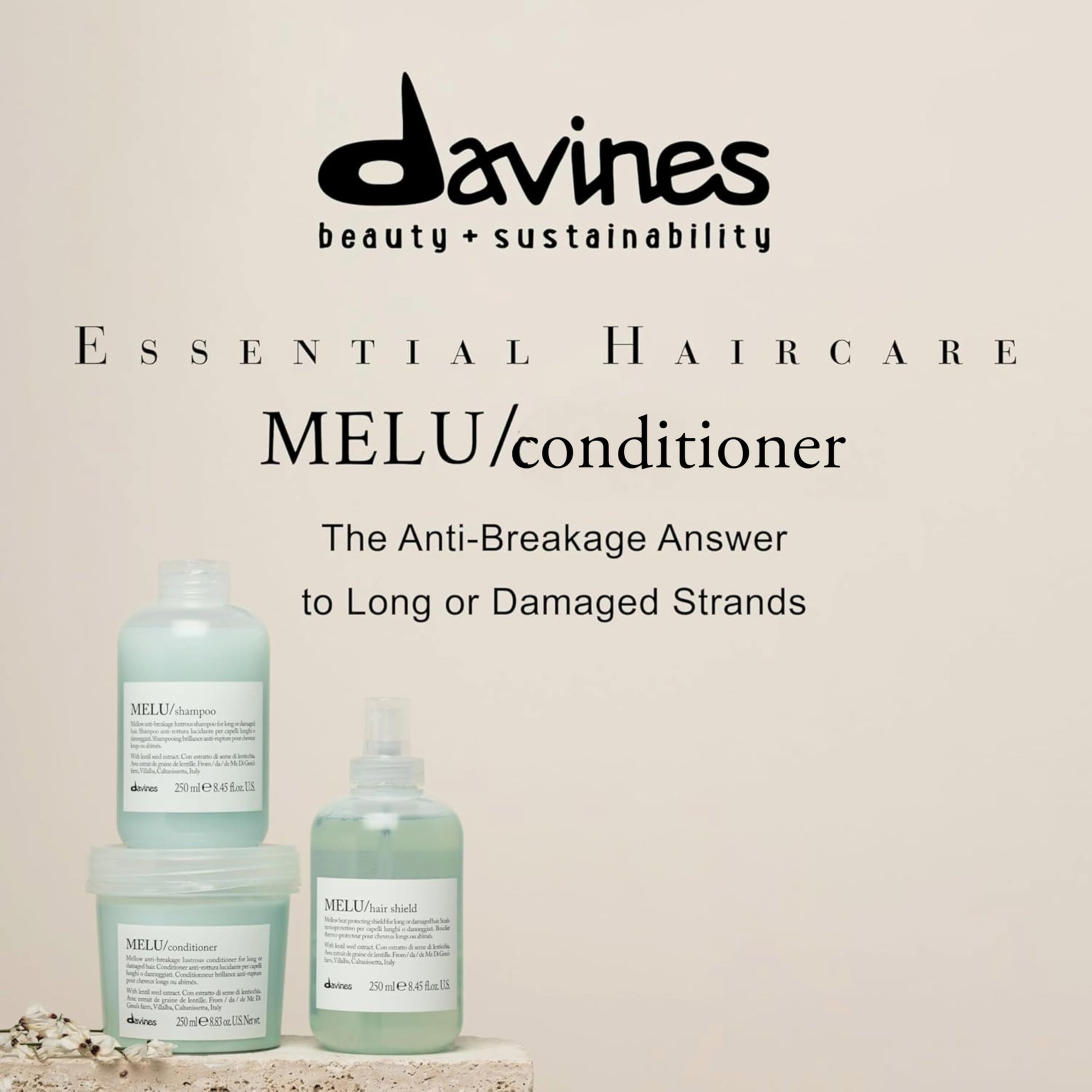 Light Gray Davines MELU Conditioner, Nourishing Light Anti-Breakage Emollient Formula for Long or Damaged Hair - Smooths and Softens Split Ends Weightless with Lentil Seeds, Travel Size, 2.54 Fl Oz