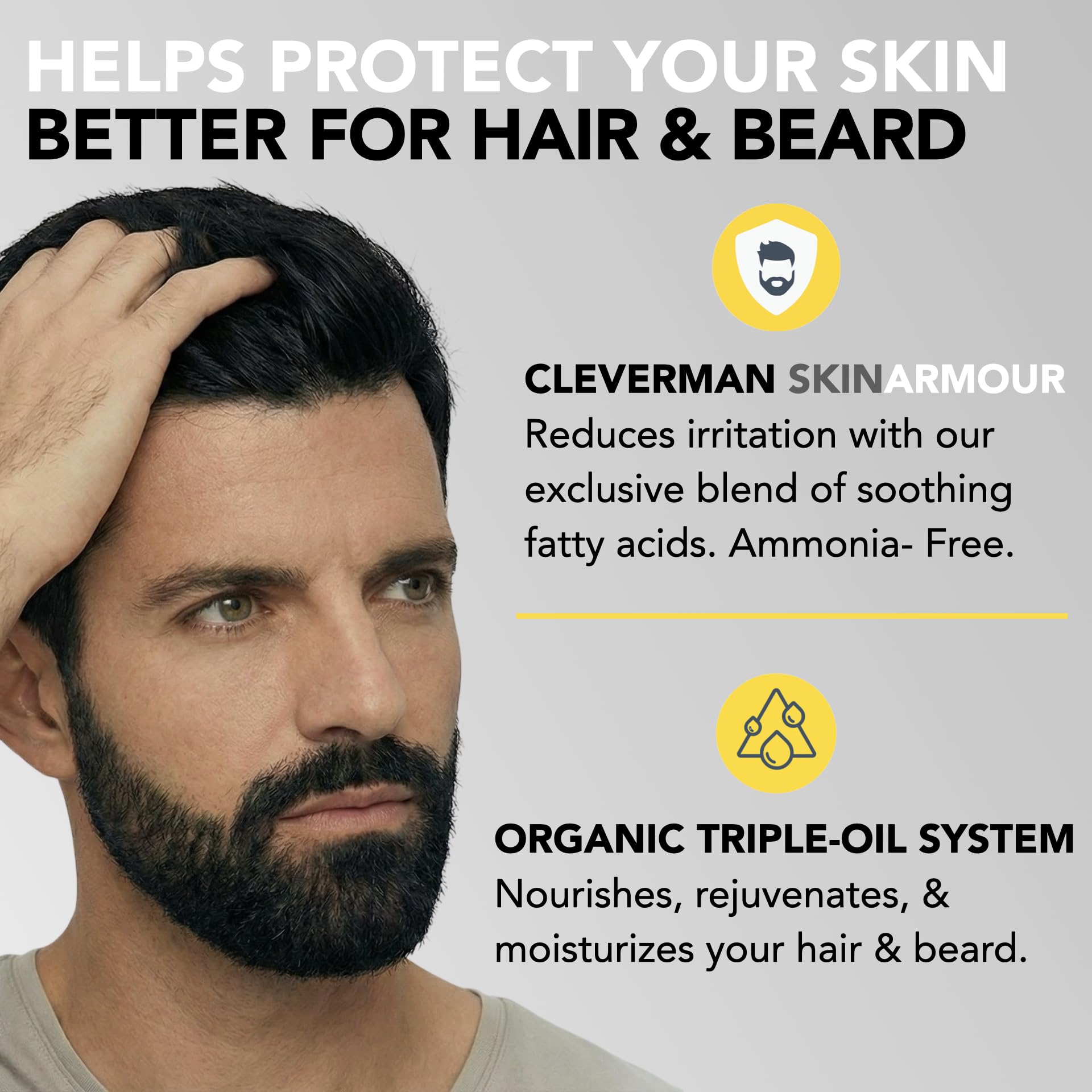 Gray Reusable Hair & Beard Dye for Men – Black 1.0 | Up to 5 Uses, 7 Minutes | Natural Gray Coverage, No-Drip Cream with SkinArmour – Cleverman
