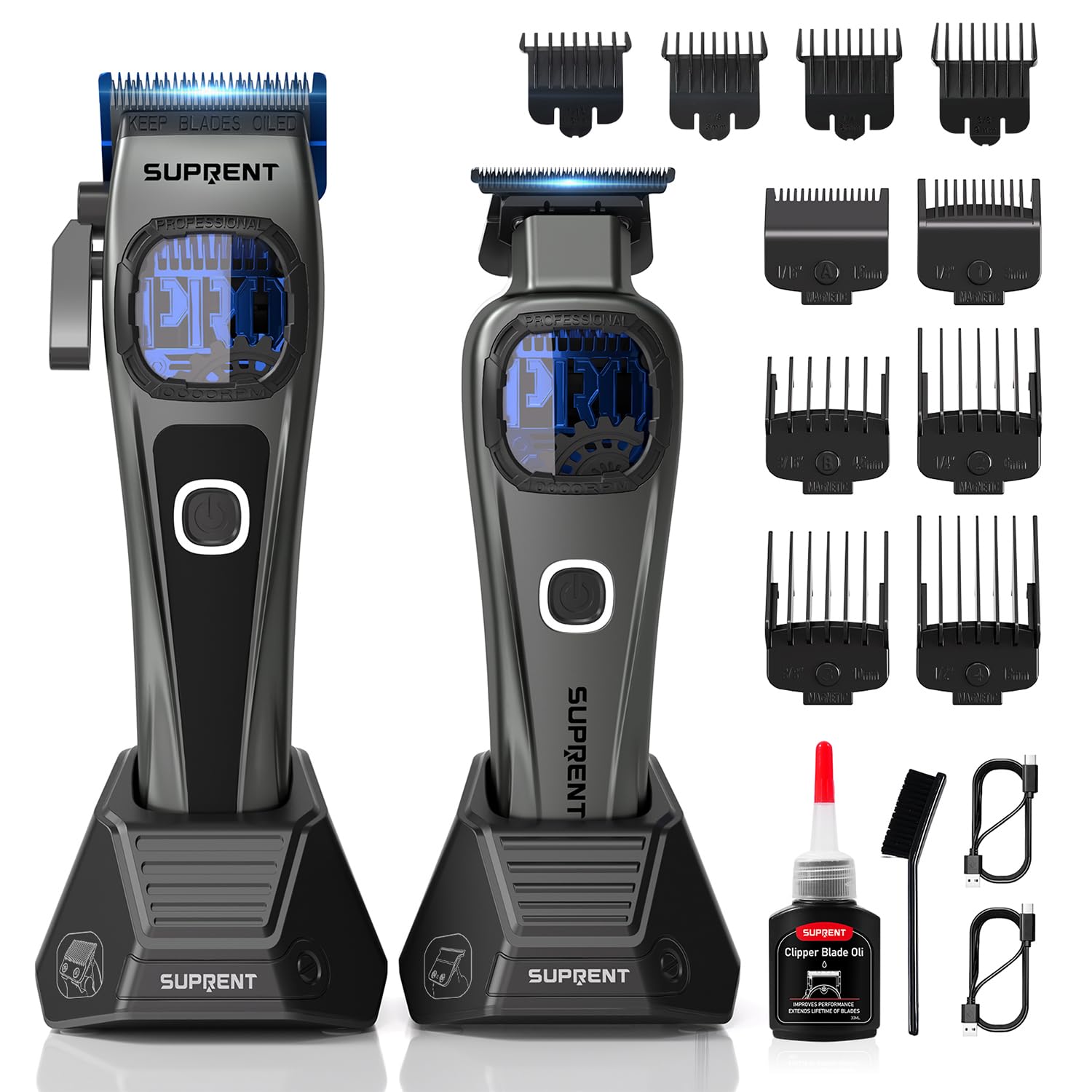 White Smoke SUPRENT StormGray Professional Hair Clippers for Men - Cordless Barber Clippers & Zero-gapped Trimmer Set, Haircutting Kit with High Performance Motor, Blue Titanium-Coated Blades, Charging Stands