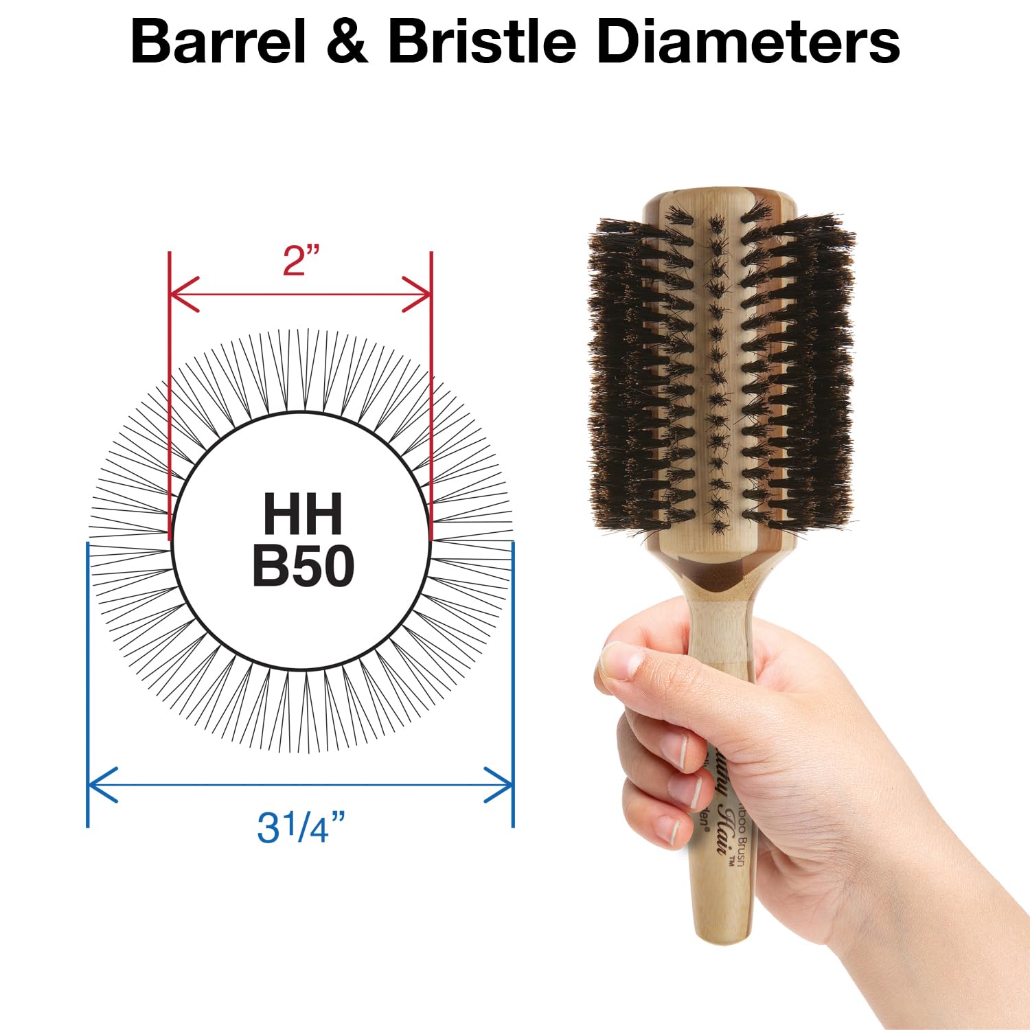 White Smoke Olivia Garden Healthy Hair Eco-Friendly Bamboo 100% Boar Round Hair Brush HH-B50 (3 1/4")