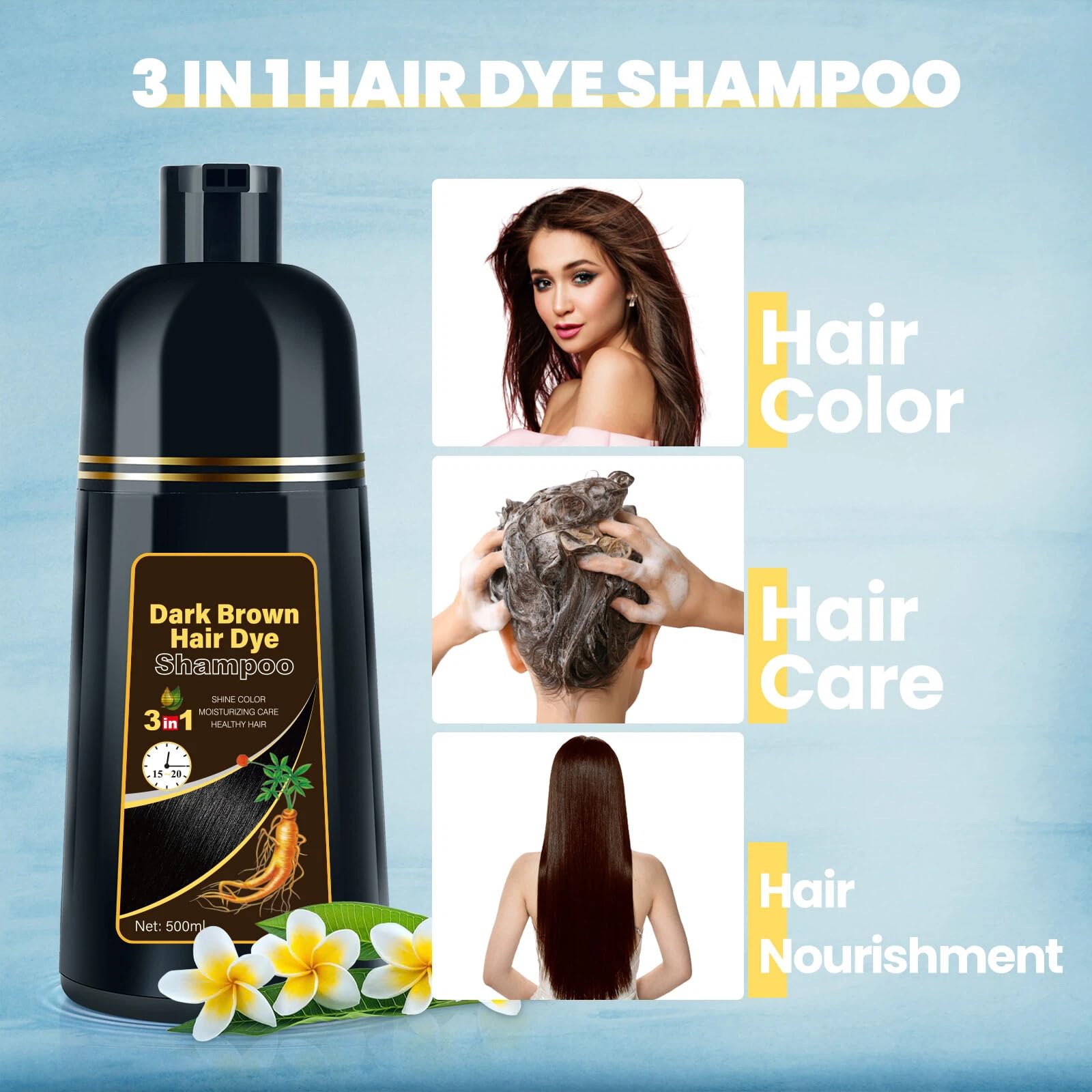 Light Gray BOJICA Hair Dye Shampoo for Gray Hair Coverage, 3-in-1 Semi-Permanent Color Shampoo for Women & Men Dark Brown