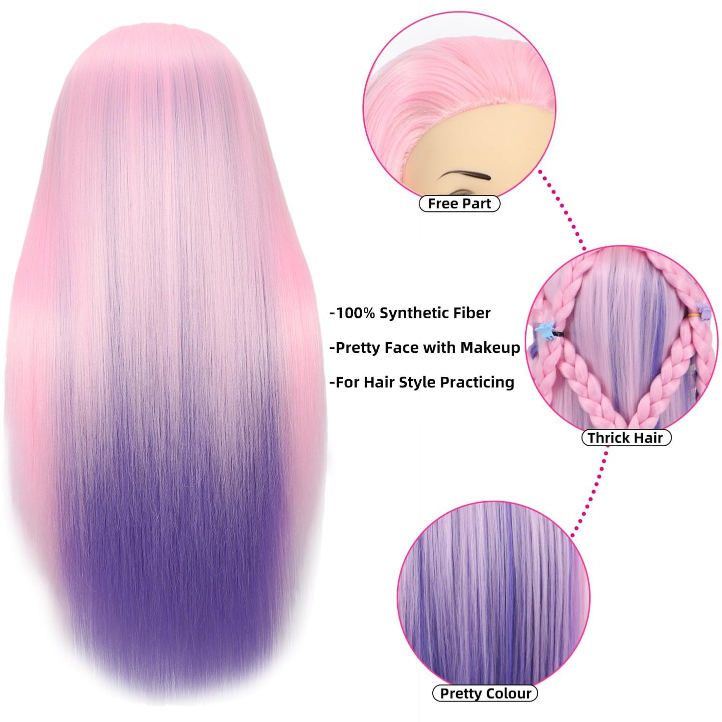 White Smoke Mannequin Head with 26 inch Long Synthetic Fiber Colorful Hair Styling Training Head Manikin Cosmetology Doll Head Hairdressing Training Model for Cutting Braiding Practice and Free Clamp Holder