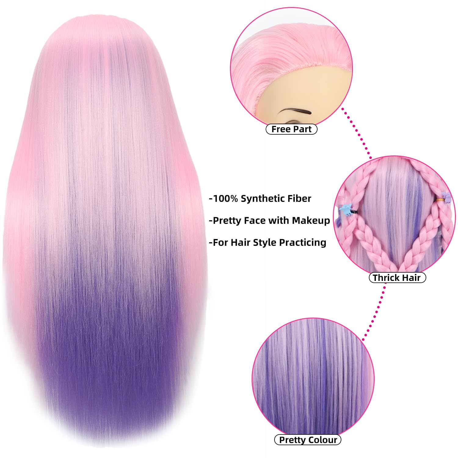 White Smoke Mannequin Head with 26 inch Long Synthetic Fiber Colorful Hair Styling Training Head Manikin Cosmetology Doll Head Hairdressing Training Model for Cutting Braiding Practice and Free Clamp Holder