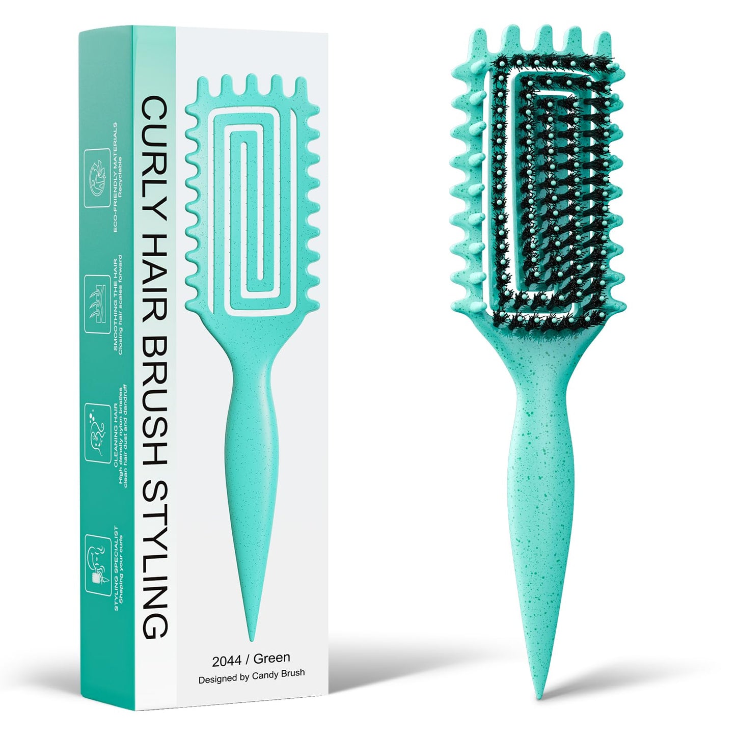 White Smoke Curly Hair Brush, Curl Defining Brush with Soft Boar Bristles Detangling Tangled Glides, Wide-Teeth Design Effortlessly Shaping & Defining Curls, Curling Definer for Wet & Dry Hair (Green)