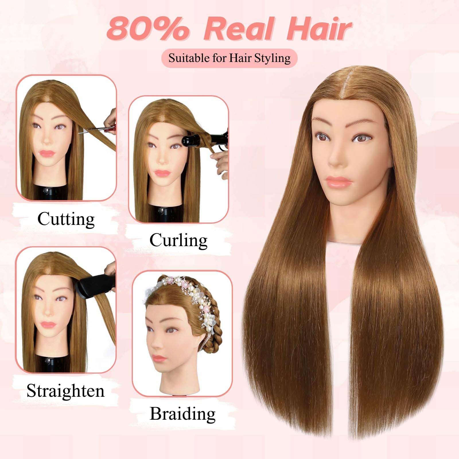 Misty Rose MQHIHI Mannequin Head Human Hair, 80% Real Hair Cosmetology Manikin Head for Practice Braiding Hairstyling Cutting with Free Clamp Holder and Tools (Light Brown)