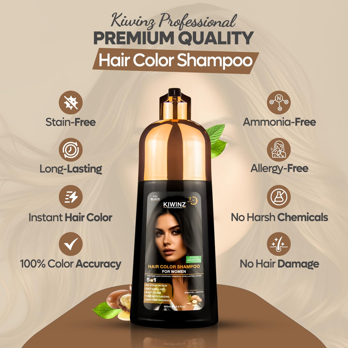 Gray Kiwinz Professional Hair Color Shampoo – 5 in 1 Hair Dye Shampoo for Grey Hair - Instant Hair Dye with 100% Color Accuracy Enriched with Natural Ingredients - Ammonia Free - 500ml (Black)