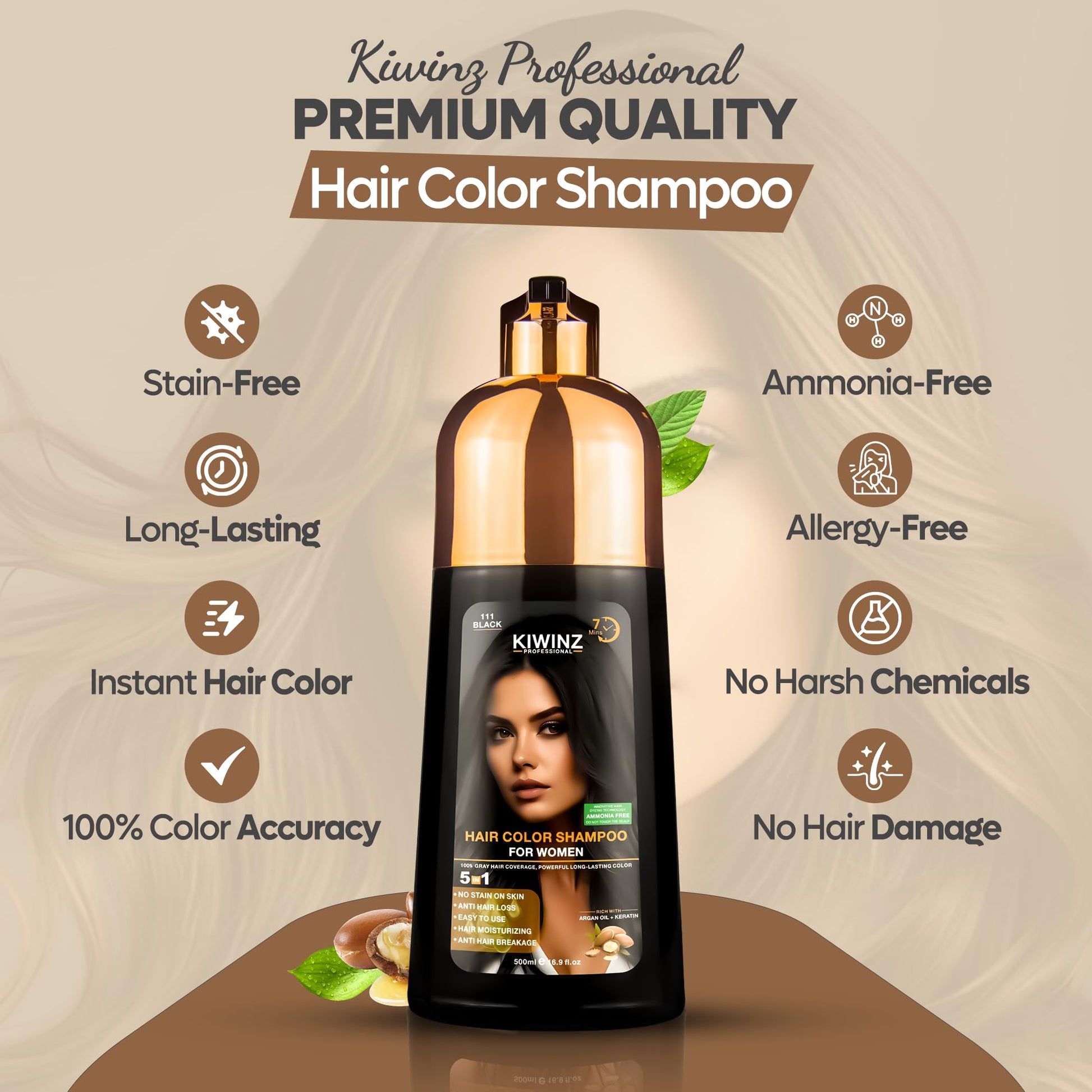 Gray Kiwinz Professional Hair Color Shampoo – 5 in 1 Hair Dye Shampoo for Grey Hair - Instant Hair Dye with 100% Color Accuracy Enriched with Natural Ingredients - Ammonia Free - 500ml (Black)