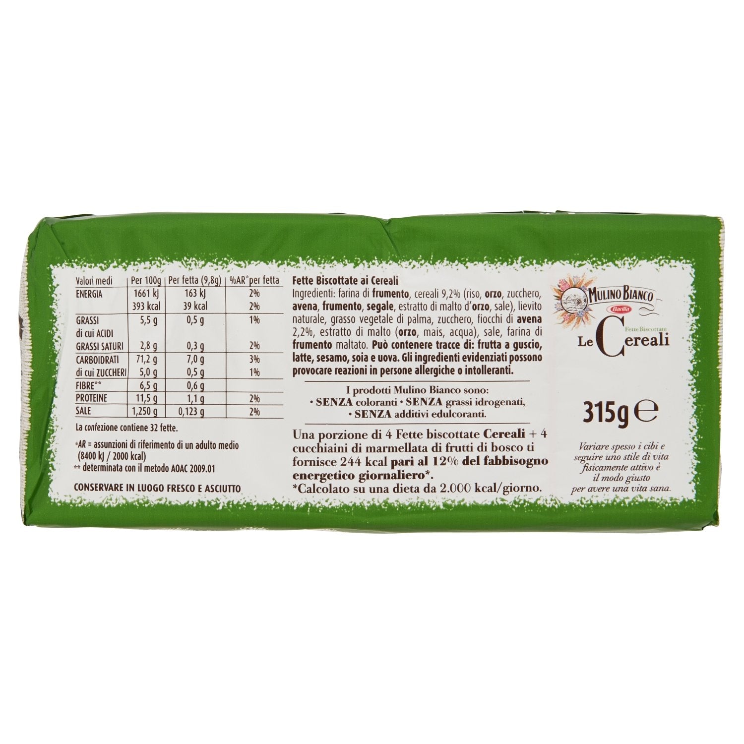 Light Gray Mulino Bianco: " Le Cereali " Fette Biscottate 32 count - Rusks with cereals: Rice , barley, wheat , oats and rye together. - 11.11 Oz (315g) [ Italian Import ]
