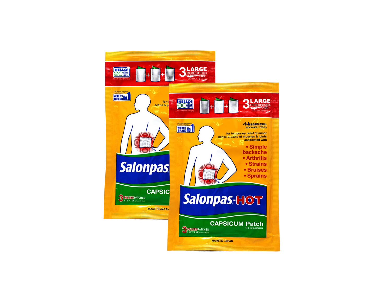 White Smoke Salonpas Pain Relieving HOT Capsicum Patch, 3 Count per Pack Pack, for Back, Neck, Shoulder, Knee Pain and Muscle Soreness, 8 Hour Pain Relief Pack of 2