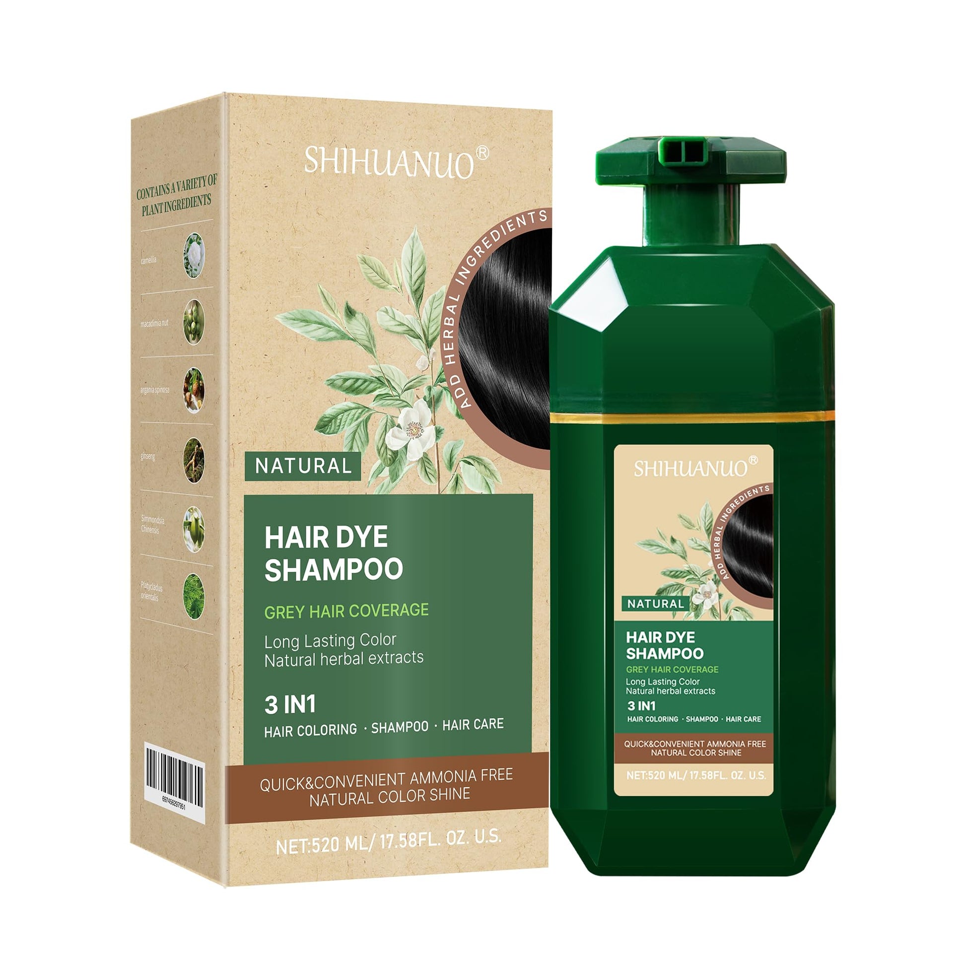 Tan SHIHUANUO Black Hair Dye Shampoo 3 in 1 for Gray Hair Coverage, Herbal Ingredients Natural Shampoo Black Hair Dye for Women & Men/Ammonia-Free 520ml