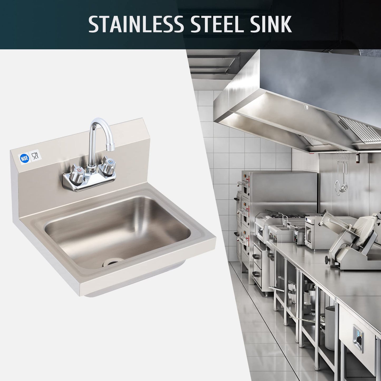 White Smoke WILPREP Hand Sink Commercial Stainless Steel Sink for Washing, NSF Utility Sink with Gooseneck Faucet, Wall Mount Kitchen Sink for Restaurant Bar RV Bathroom Laundry Room (17 x 15 Inches)
