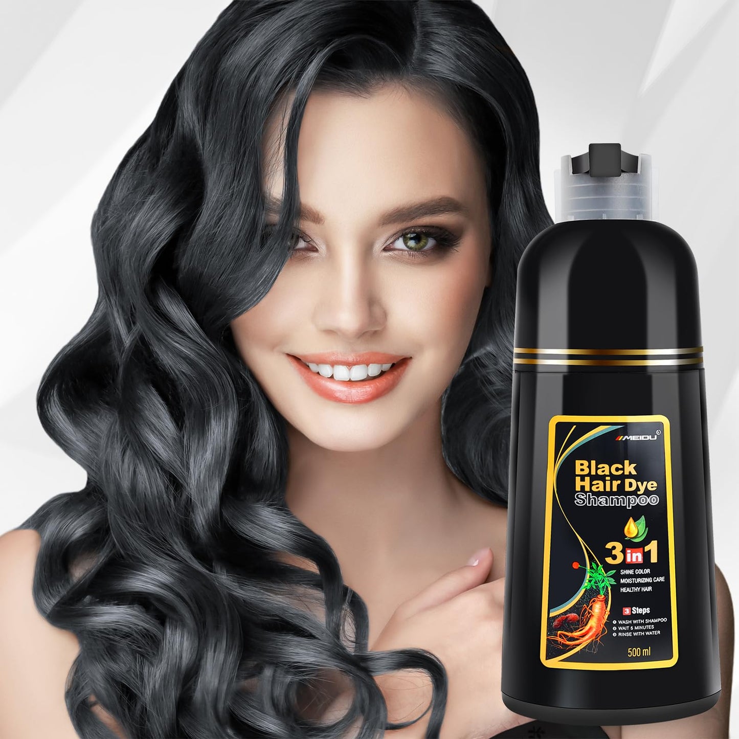 Lavender MEIDU Black Hair Dye Shampoo 3 in 1 for Gray Hair, Black Hair Dye for Women Men, Hair Color for Women Herbal Ingredients Natural (500ml,16.9oz) (Black)