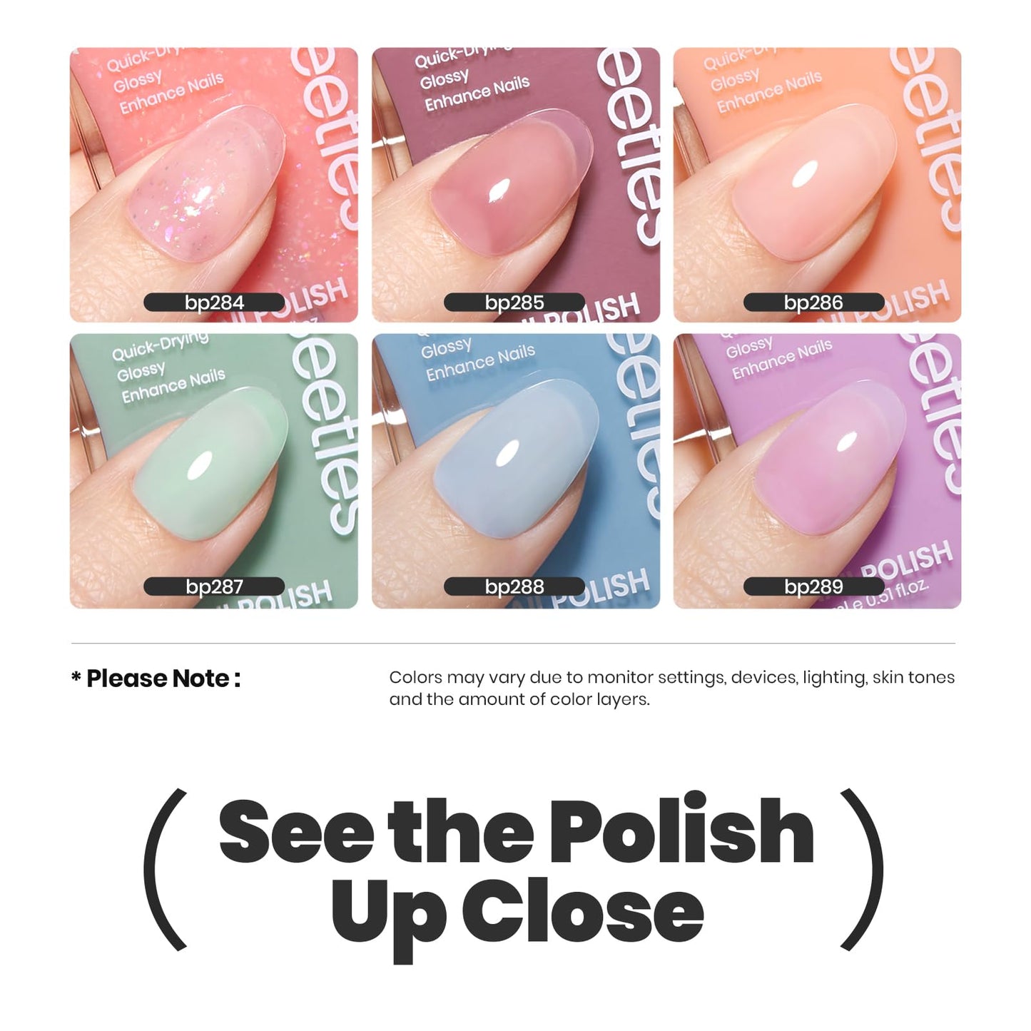 White Smoke Beetles Jelly Nail Polish Set, 6 Colors Clear Pastel Nail Polish Glitter Pink Dusty Rose Orange Green Blue Purple Long Lasting & Quick Dry Nail Strengthener Polish Gift Sets for Women
