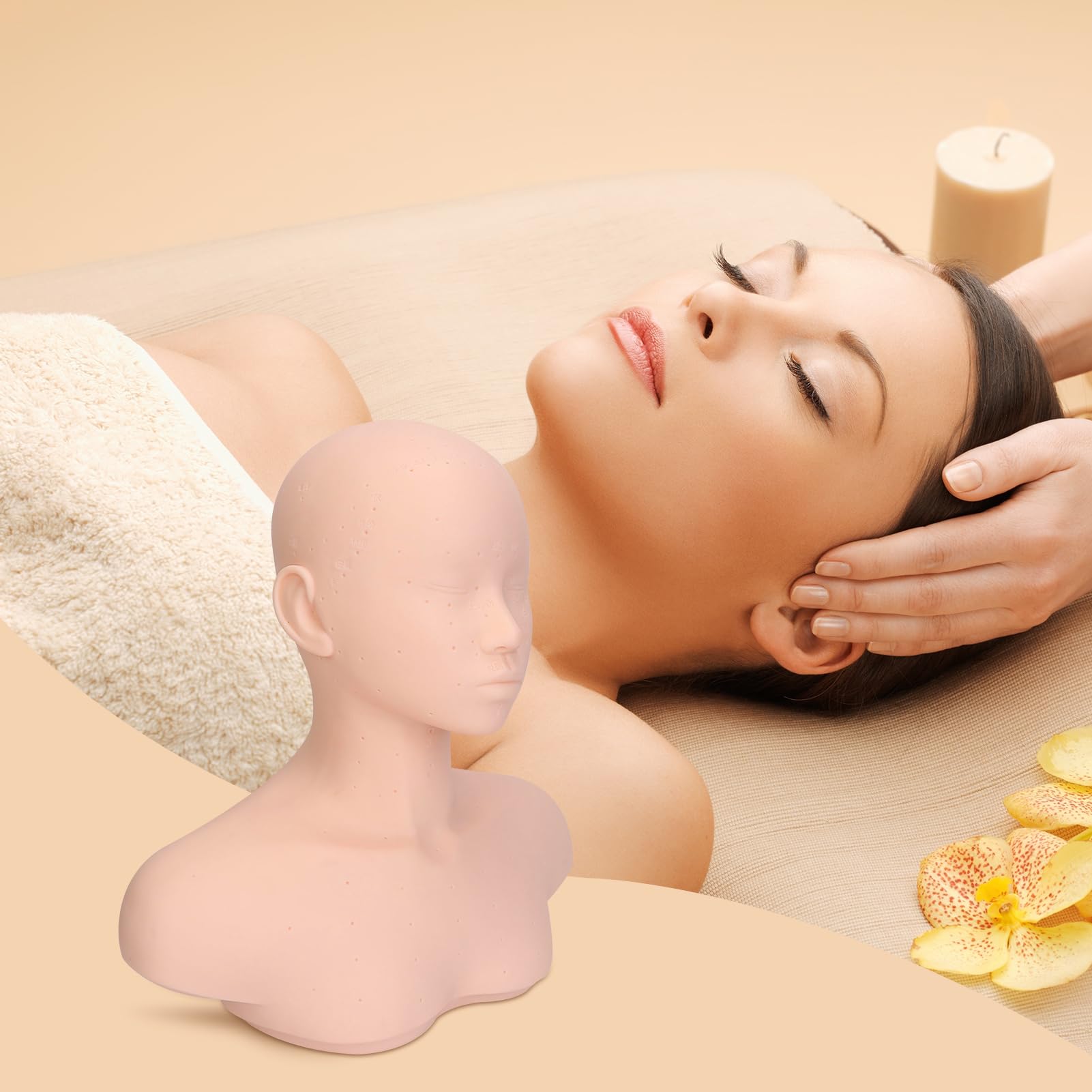 Peach Puff Esthetics Mannequin Head with Shoulders, Cosmetology Mannequin Head with Acupuncture Points, Soft PVC Mannequin Head for Facials Massage, Wigs Hat Display, Makeup Practice