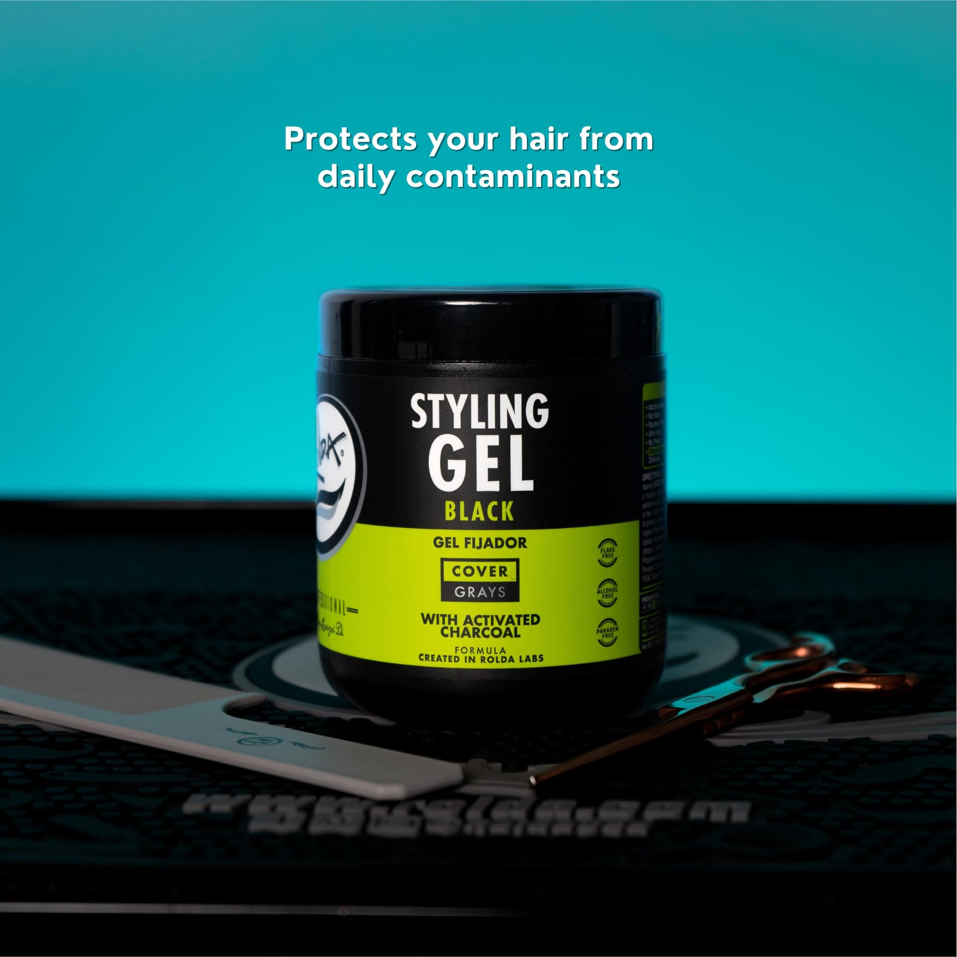 Black Rolda Black Hair Gel for Men - Medium Hold Styling Gel with Activated Charcoal for Wet Look - Covers Grays & Enhances Black Hair - Flake + Alcohol Free (8.81 oz)