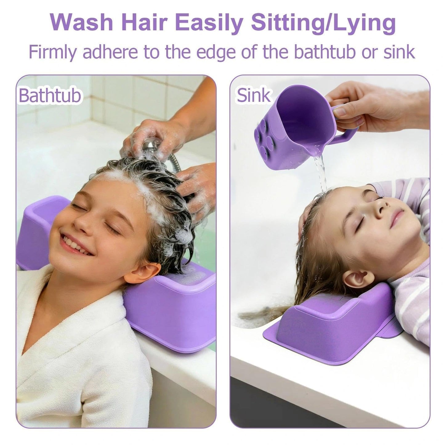 White Smoke nestery Hair Washing Station for Kids, Silicone Portable Shampoo Bowl and Elderly with Rinse Cup & Scalp Massager, Hair Washing Basin for Sink or Bathtub at Home with Neck Support Purple