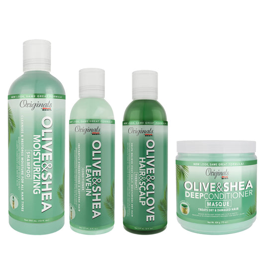 White Smoke Originals by Africa's Best Clean & Conditioned Bundle Includes Olive & Shea Shampoo, Olive & Shea Deep Conditioner, Olive & Shea Leave In Conditioner, Olive & Clove Oil Therapy