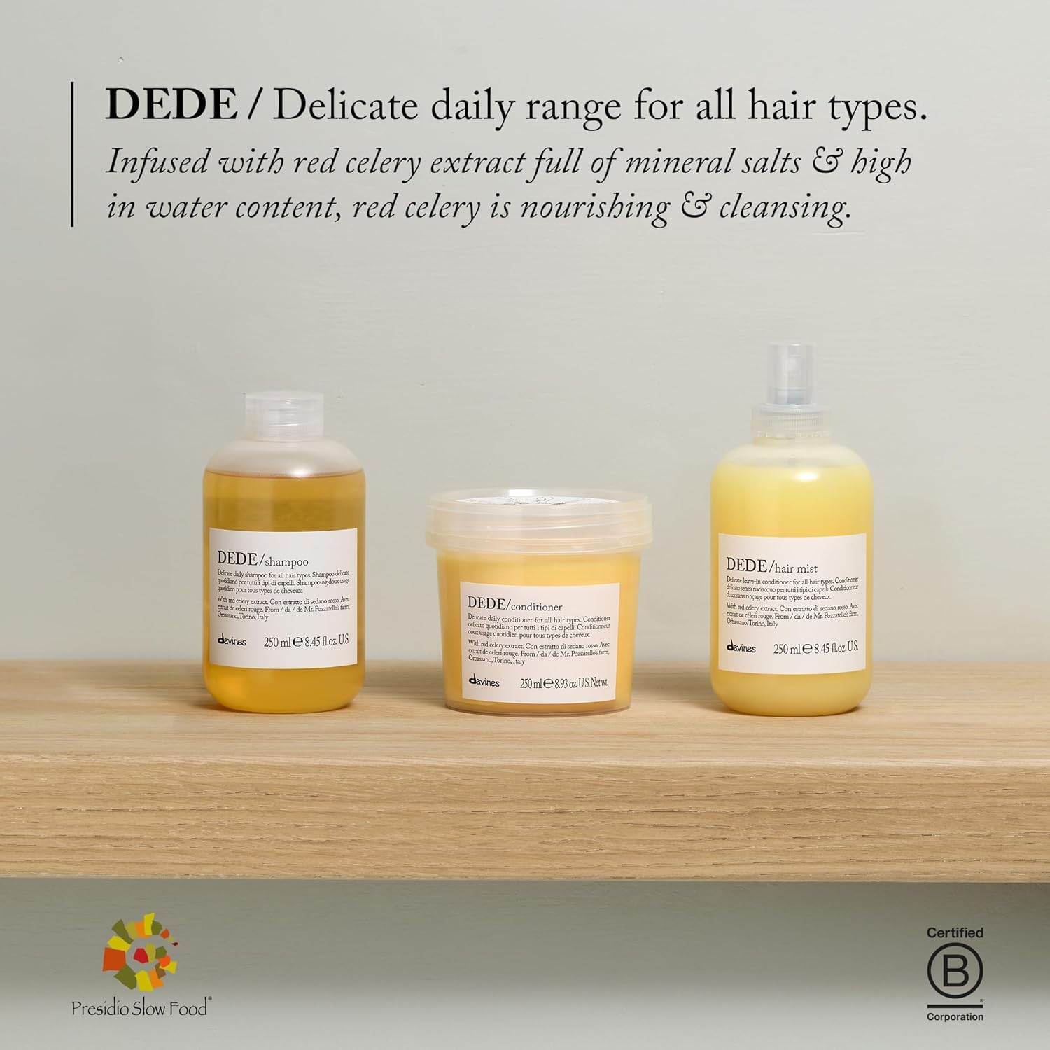 Gray Davines DEDE Shampoo, Delicate Soft Lather Daily Cleanser for Medium Fine & Fine Hair - Gently Removes Impurities to Make Hair Light, Shiny, and Soft with Red Celery Extract, 8.45 Fl Oz