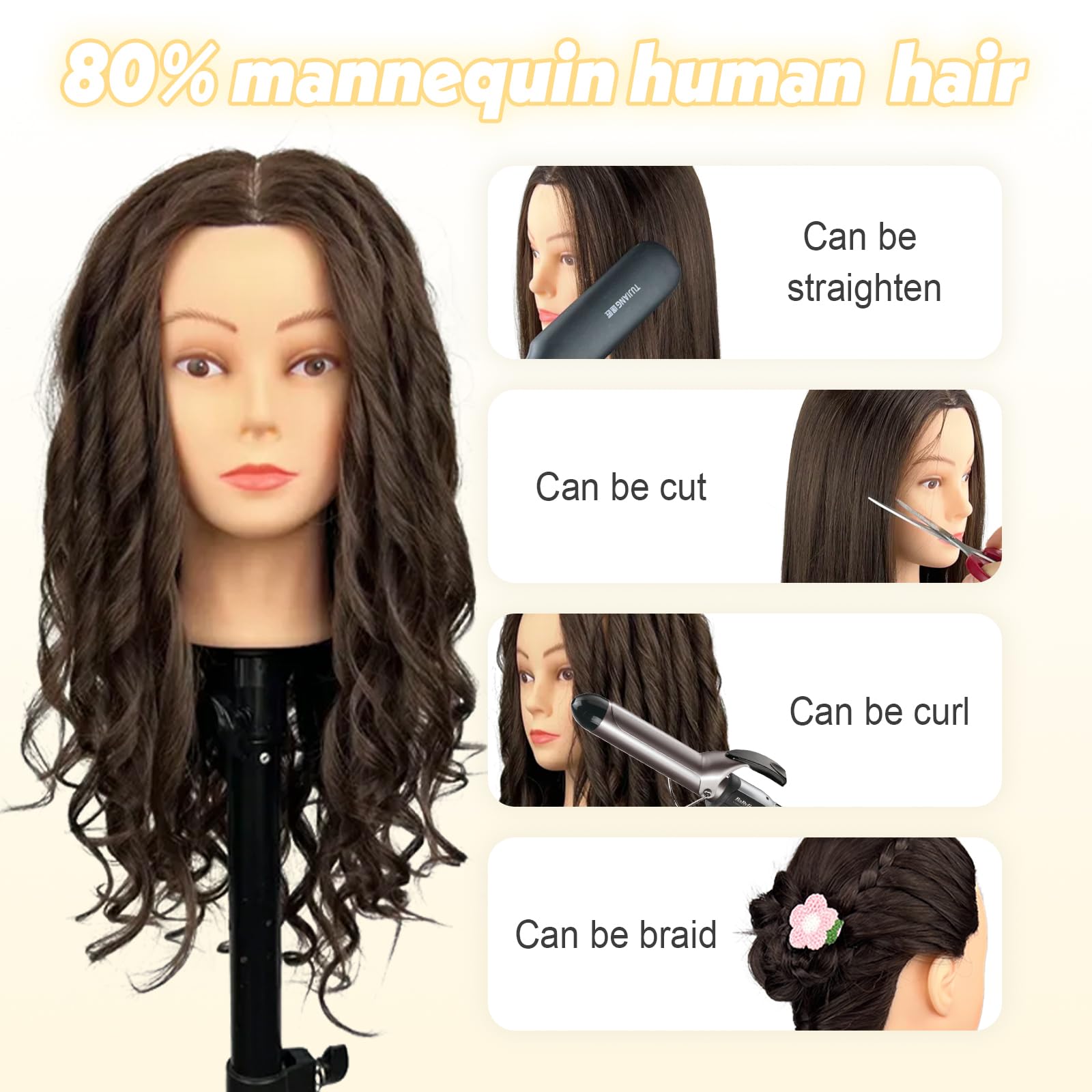 White Smoke 22" MQHIHI Mannequin Head Human Hair Cosmetology Manikin Doll Head with 80% Real Hair for Hairdresser Practice Cutting Braiding Hair Styling with Clamp Holder and Tools (Dark Brown)