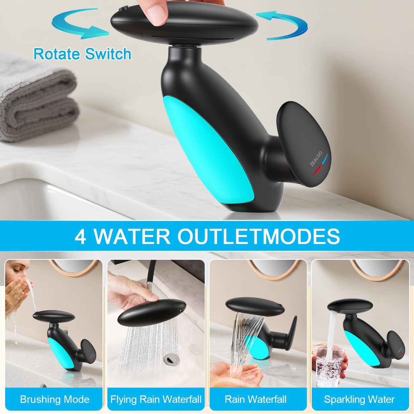 Light Gray Faucet - Batteryless LED Light Temperature Display, 4 Modes (Waterfall/Rinsing/Shampoo/Bubble), 360° Pull-Out Spray for Pet & Sink Cleaning, Zinc Alloy Bathroom Faucet（Black）