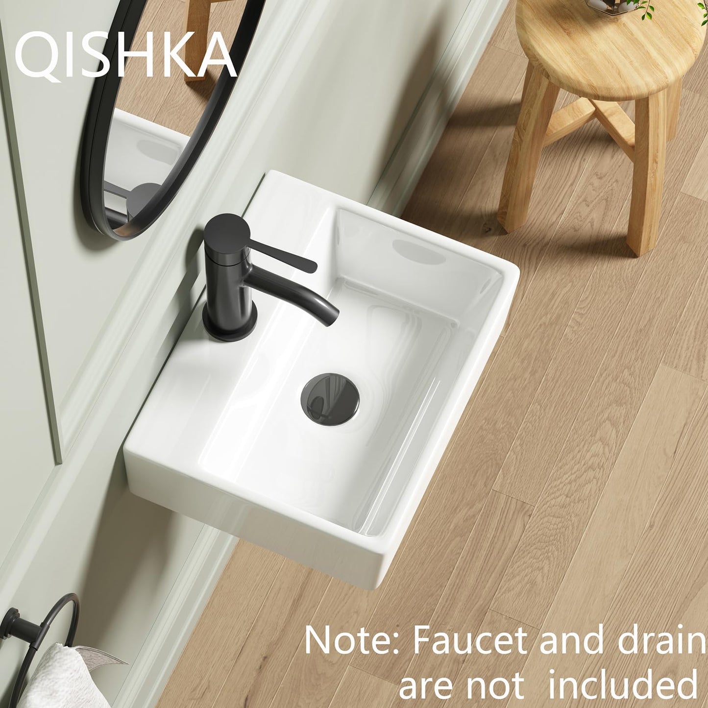 Rosy Brown Wall Mounted Bathroom Vessel Sink, QISHKA 15" X 12" Rectangular Floating Ceramic Wash Hand Basin White Wall Hung Vanity Sink for Bathroom and Cloakroom