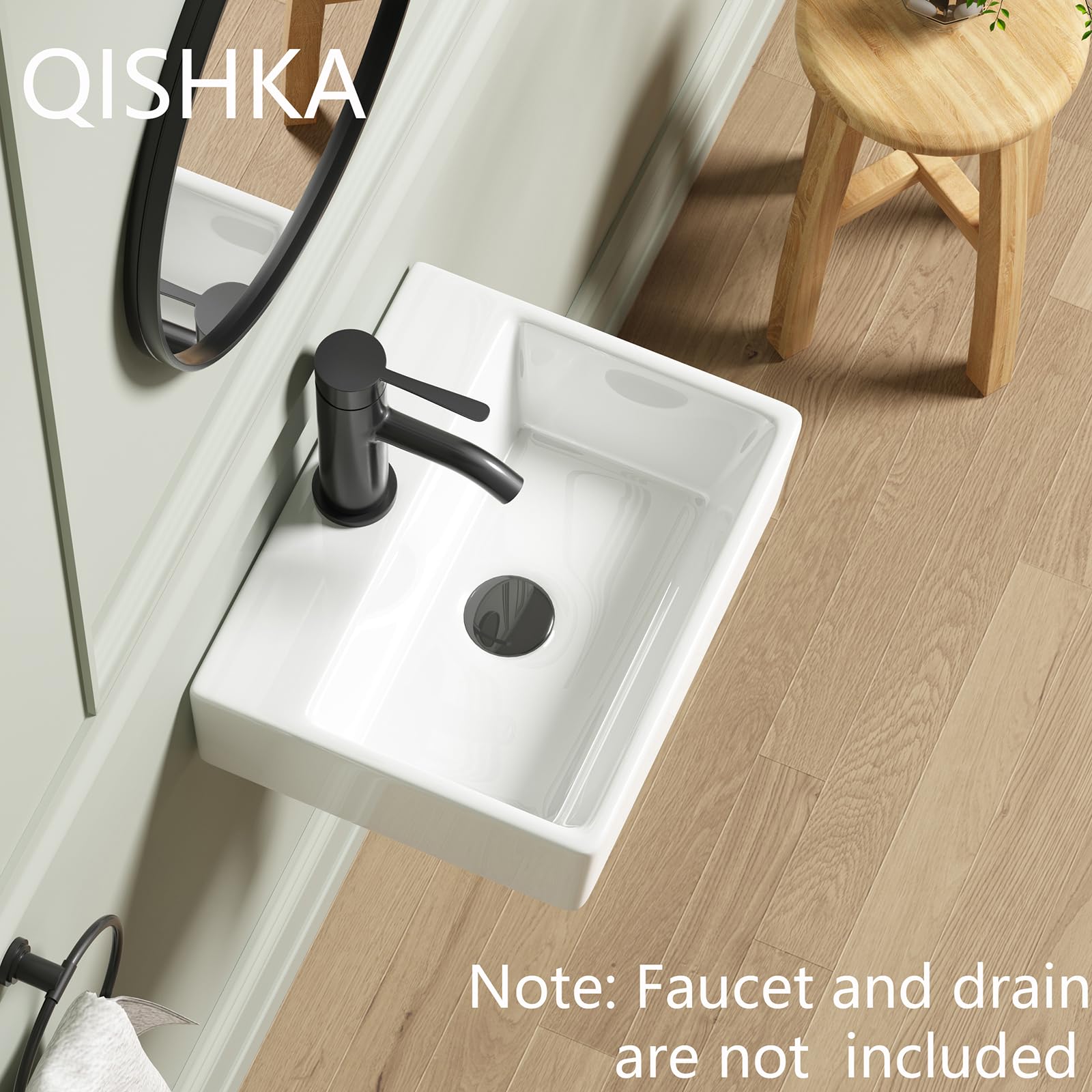 Rosy Brown Wall Mounted Bathroom Vessel Sink, QISHKA 15" X 12" Rectangular Floating Ceramic Wash Hand Basin White Wall Hung Vanity Sink for Bathroom and Cloakroom