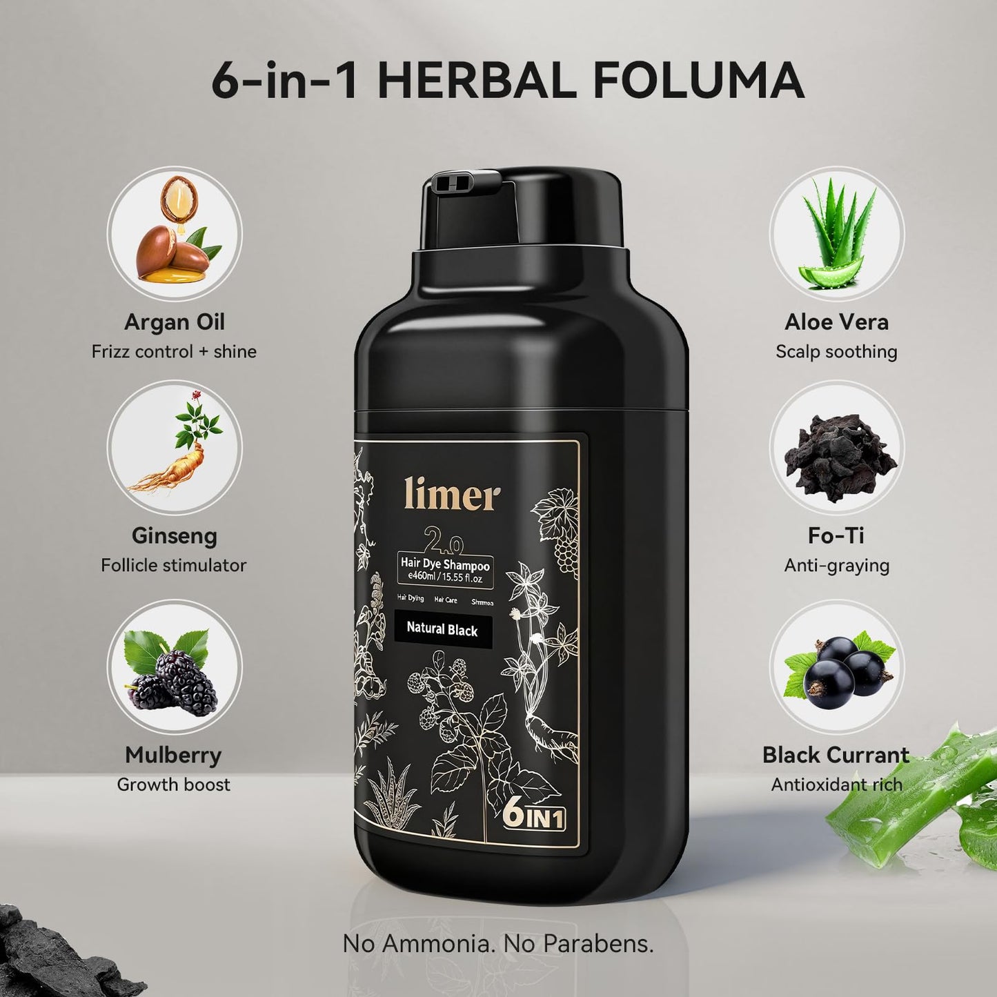 Gray Limer Black Hair Dye Shampoo for Gray Hair, 3-in-1 Color Shampoo, 6 Herbal Extracts, 100% Grey Coverage, Non-Staining, 6-8 Weeks Lasting, for Women & Men, Shampoo para Pintar el Cabello, 460ml