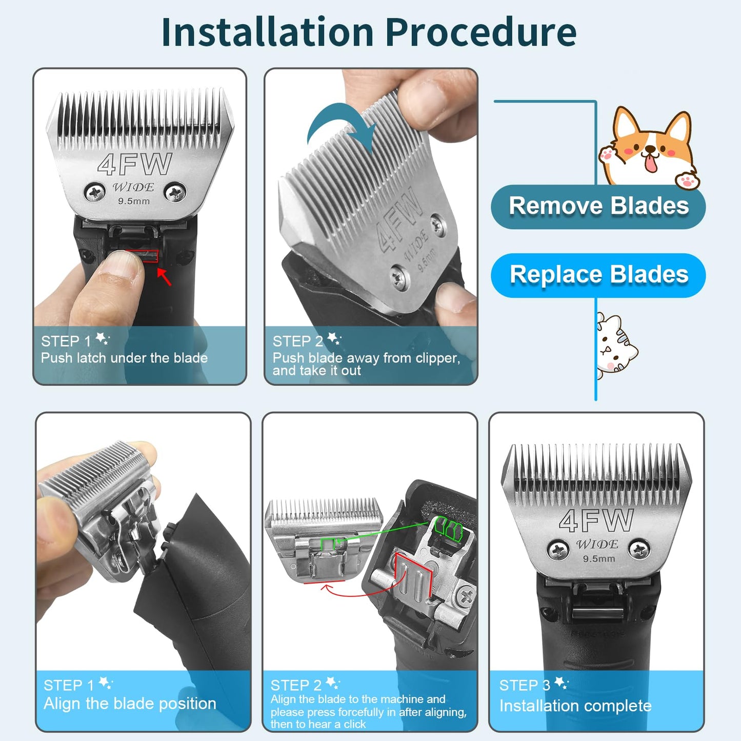 White Smoke Newbulu 4FW Dog Grooming Wide Blade,Detachable Pet Dog Grooming Blades,Compatible with Andis,Oster A5,Wahl km10 Clippers.Cutting Length 3/8 in(9.5mm)