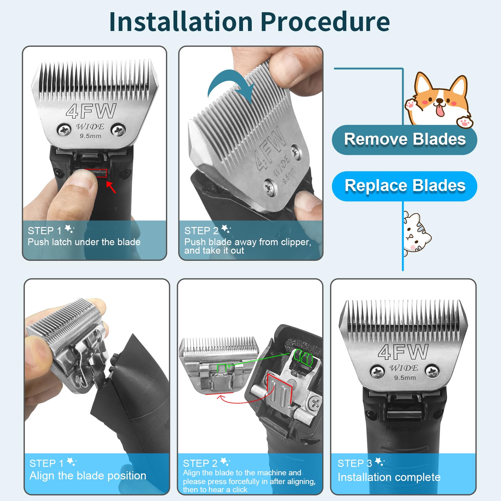 White Smoke Newbulu 4FW Dog Grooming Wide Blade,Detachable Pet Dog Grooming Blades,Compatible with Andis,Oster A5,Wahl km10 Clippers.Cutting Length 3/8 in(9.5mm)