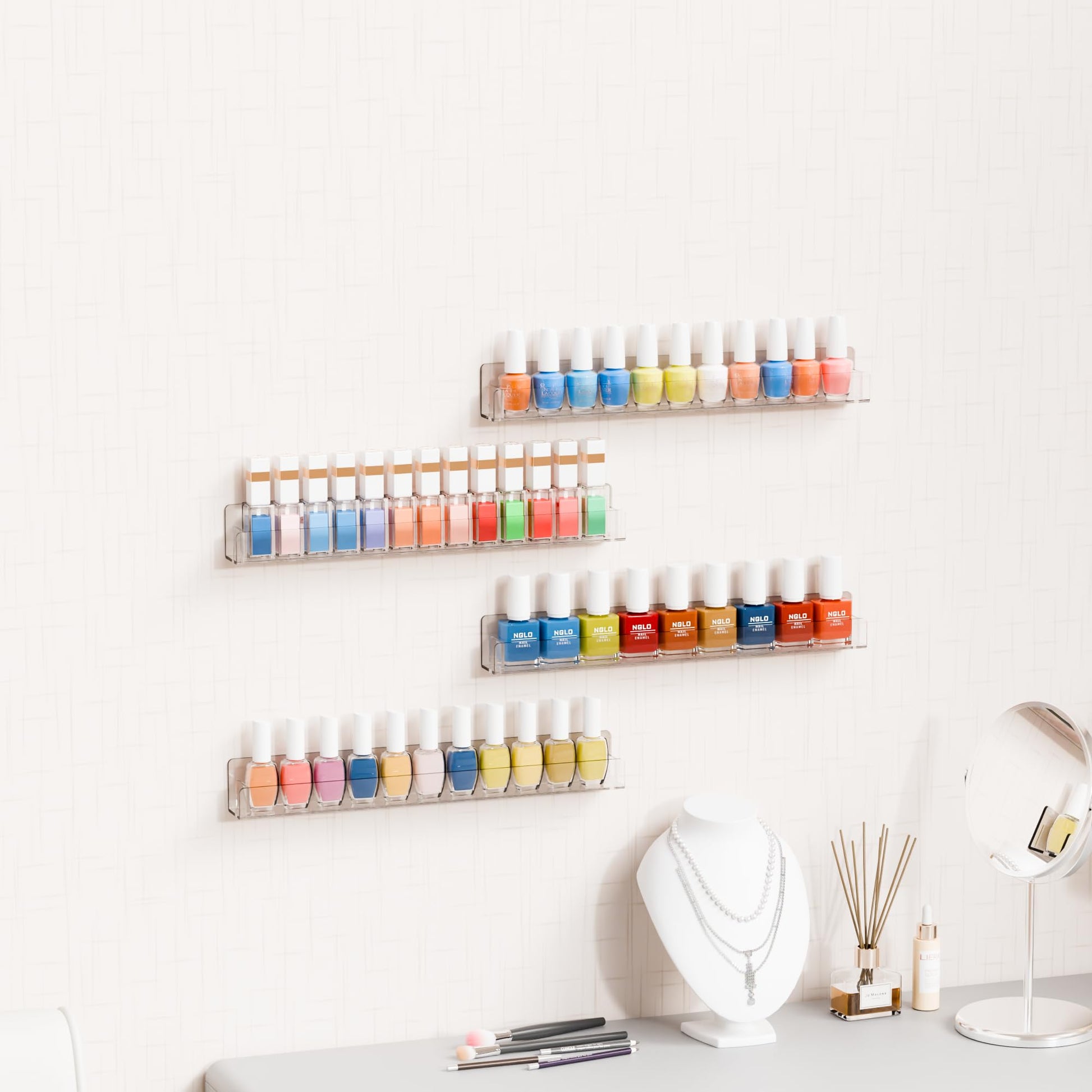 Lavender Cq acrylic Nail Polish Shelf for Wall,15 Inch 4 Pack Hanging Clear Nail Polish Wall Organizer Shelves for Nail Salon Wall Essential Oil Shelf,Gel Fingernail Polish Holder and Tattoo Studio Decor Paint