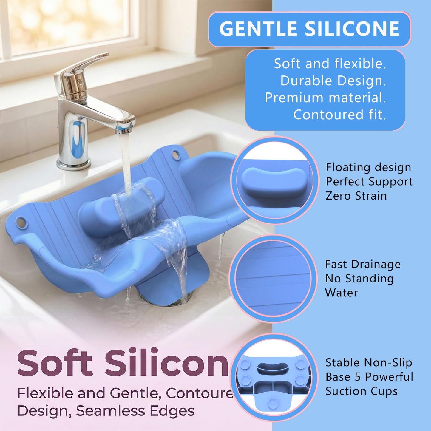 Light Sky Blue Cinlitek Portable Shampoo Bowl，Soft Silicone Hair Washing Basin with Neck-Floating Support for Kids, Elderly, Pregnant Women & Mobility Impaired, Ideal for Home Bathroom, Salon & Care Facilities
