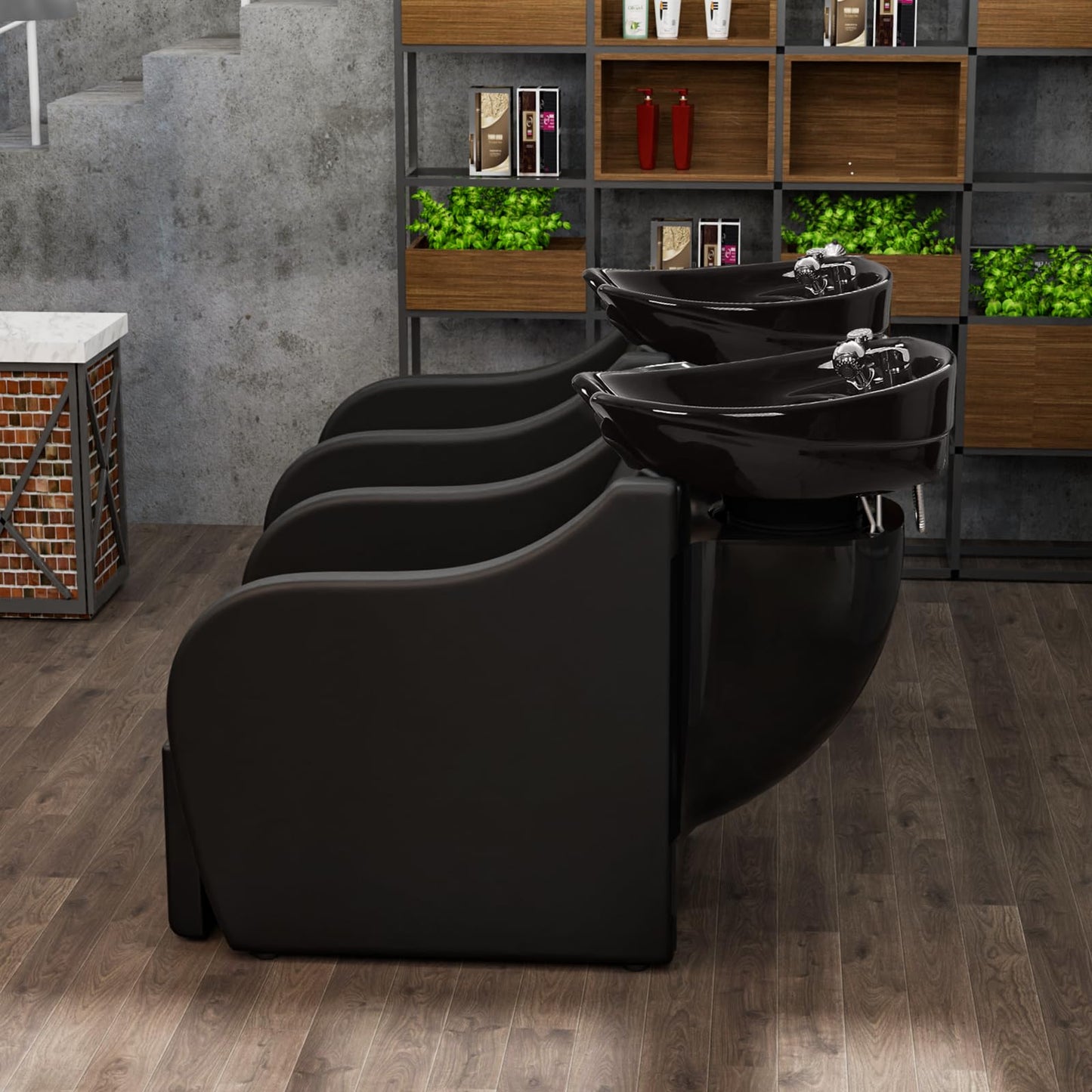 Black OmySalon Shampoo Bowls for Salon Electric Shampoo Chair with Reclining Legrest & Tilting Porcelain Shampoo Sink, Hair Washing Station Backwash Barber Chair, Shampoo Unit for Beauty Spa Barbershop