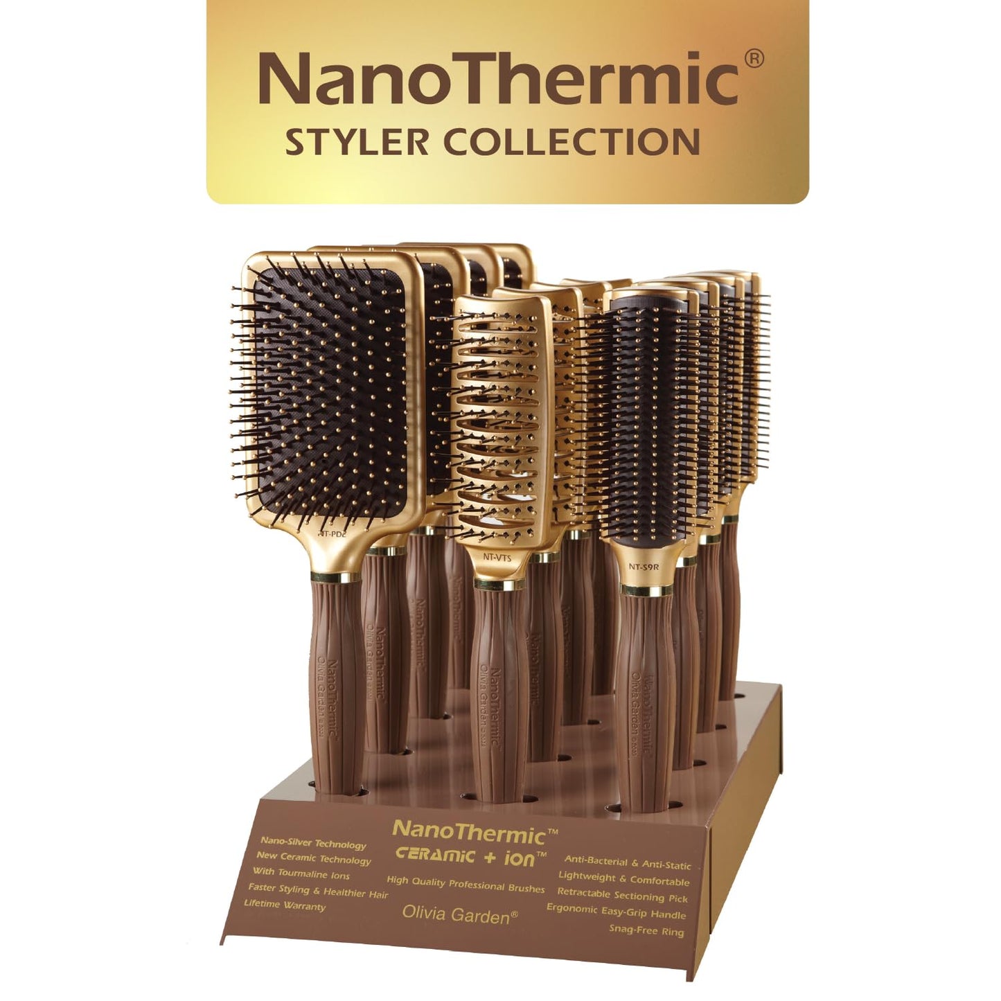 White Smoke Olivia Garden Ceramic + Ion NanoThermic Styler Hair Brush - Daily Styling for All Hair Types - With Retractable Sectioning Pick, 3-PC Bag (S9R, VTS, PDL)