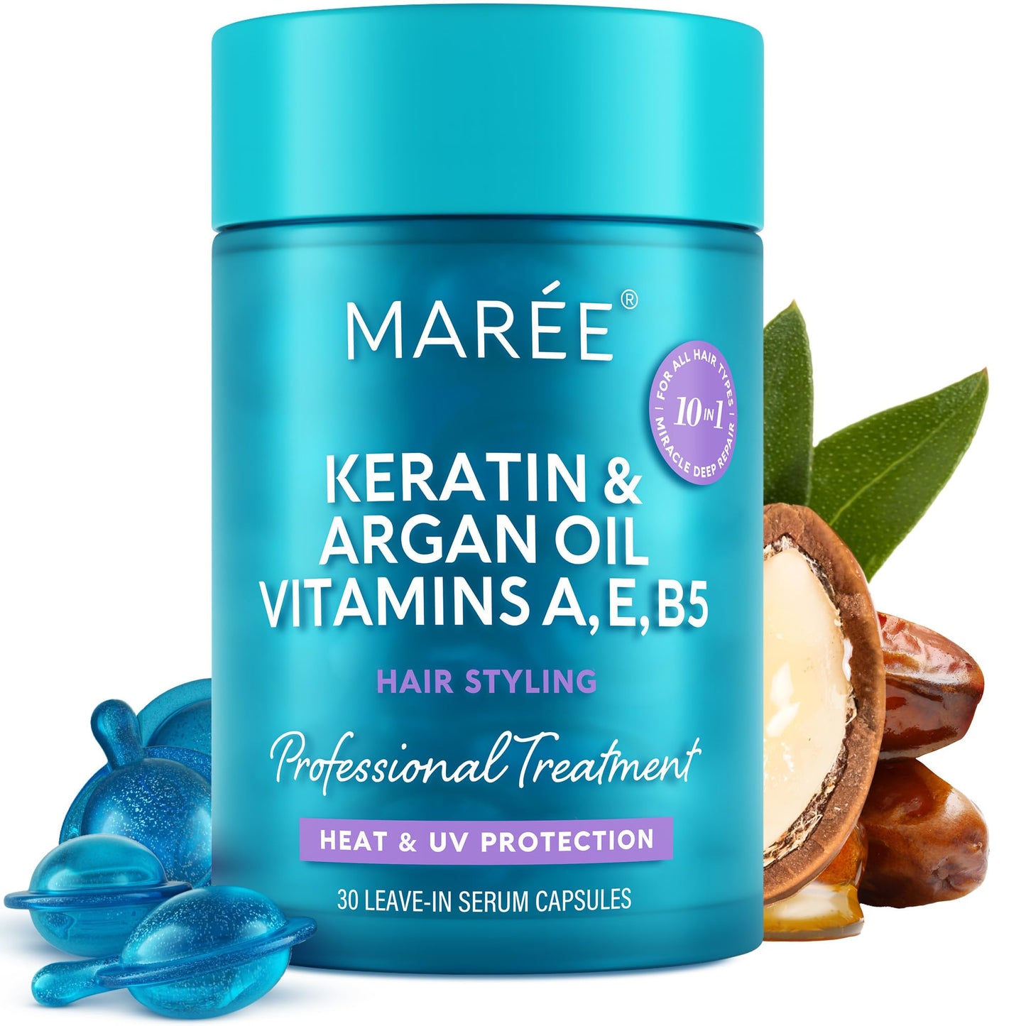 White Smoke MAREE Hair Serum for Frizzy Dry Hair – Styling Capsules with Keratin, Argan Oil, Vitamins A E B5 – UV & Heat Protectant Frizz Control Serum for Women – Aceite Para el Cabello Treatment