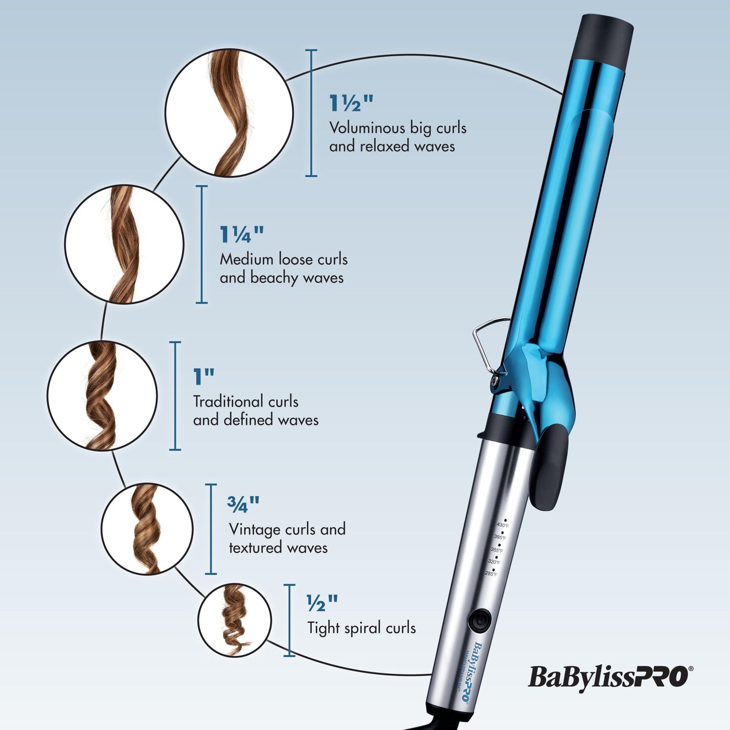 Light Gray BaBylissPRO Nano Titanium 1" Curling Wand, Professional Hair Wand Curling Iron for Long Lasting Curls, Creates the Perfect Curls for All Hair Types