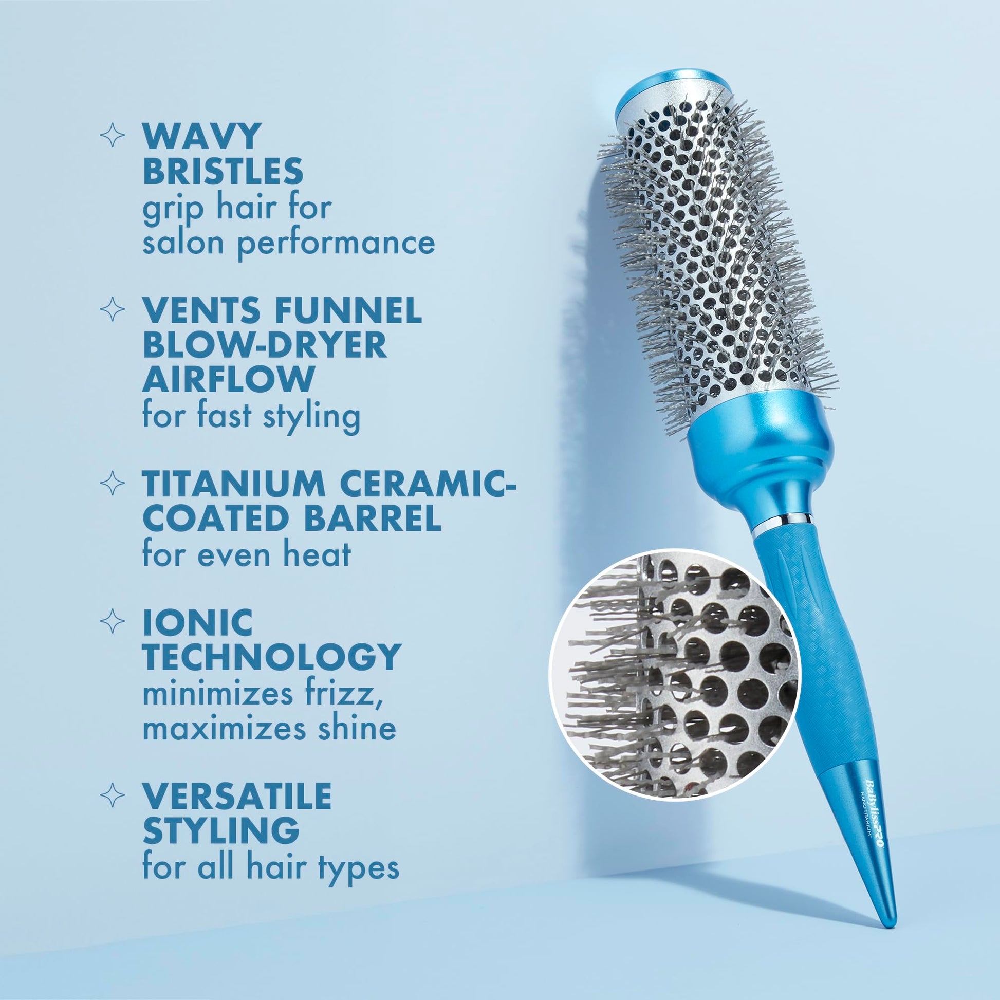 Light Blue BaBylissPRO Nano Titanium 1.73" Extra-Long Thermal Round Hair Brush – Blowouts, Smooth Finish, Frizz Control, All Hair Types