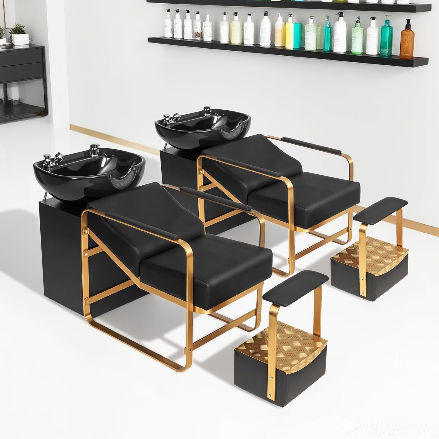 White Smoke OmySalon Shampoo Chairs for Salon, Stainless Steel Frame & UPC Certified Shampoo Bowl & Footrest, Hair Washing Station, Backwash Unit for Beauty Spa Barbershop, Black and Gold