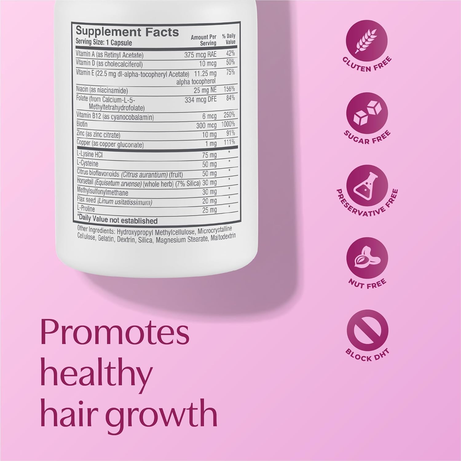 Pink BosleyMD Women’s Healthy Hair Growth Supplements for Thicker, Fuller Hair– DHT-Blocking Botanicals with Biotin, Niacin, Zinc & L-Lysine – Rich in Vitamins & Minerals – 60 Capsules (2-Month Supply)