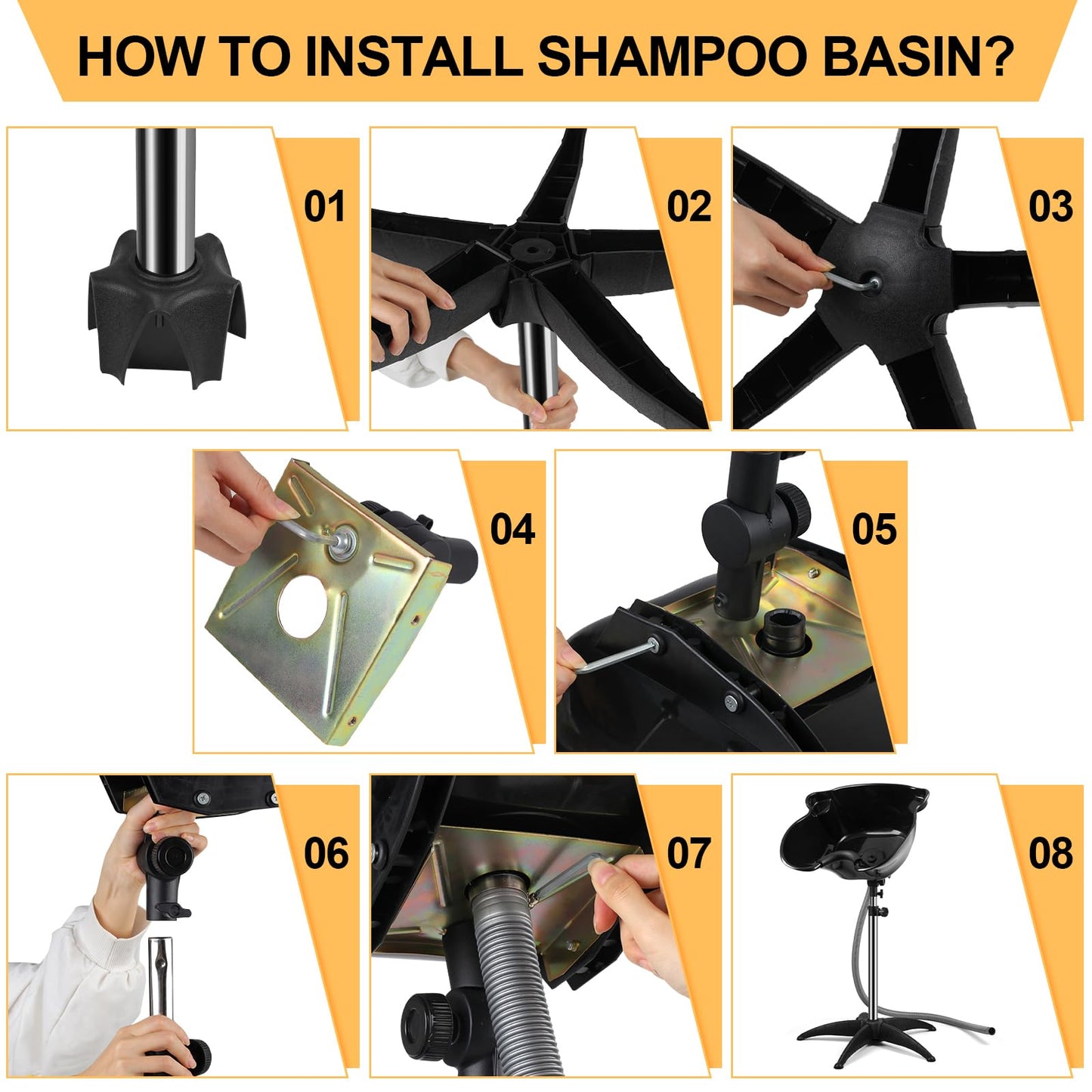 White Smoke Portable Shampoo Bowl, 270 Degree Rotation of Hair Washing Basin, Height Adjustable Salon Sink with Drain Hoses for Home Salon Use (Black)