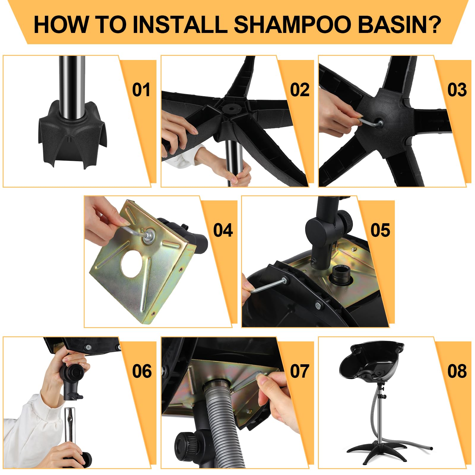 White Smoke Portable Shampoo Bowl, 270 Degree Rotation of Hair Washing Basin, Height Adjustable Salon Sink with Drain Hoses for Home Salon Use (Black)