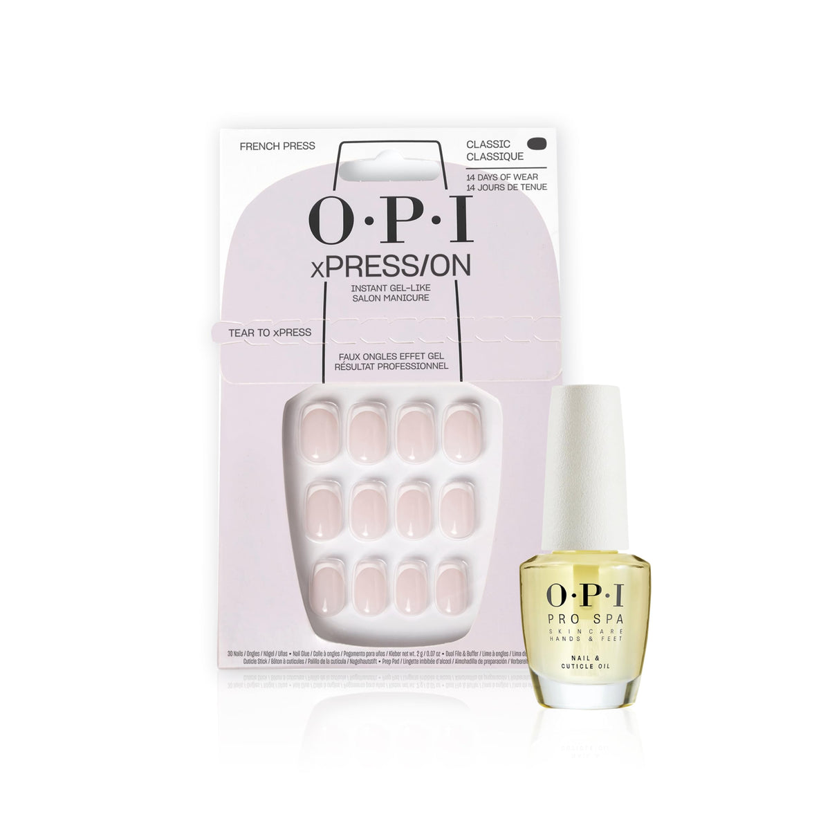 White Smoke Bundle of OPI xPress/ON Press On Nails, With Nail Glue, French Tip Nail Art, Short, French Press + OPI ProSpa Nail and Cuticle Oil, 0.5 fl oz