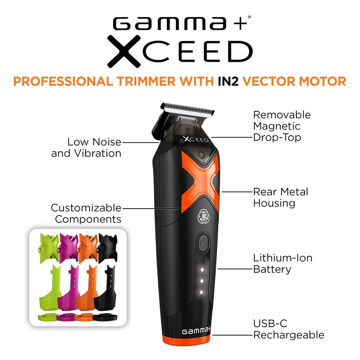 White Smoke GAMMA+ XCeed Cordless Hair Trimmer for Men, Professional for Barbers, USB-C Rechargeable with 6 Blade Guards