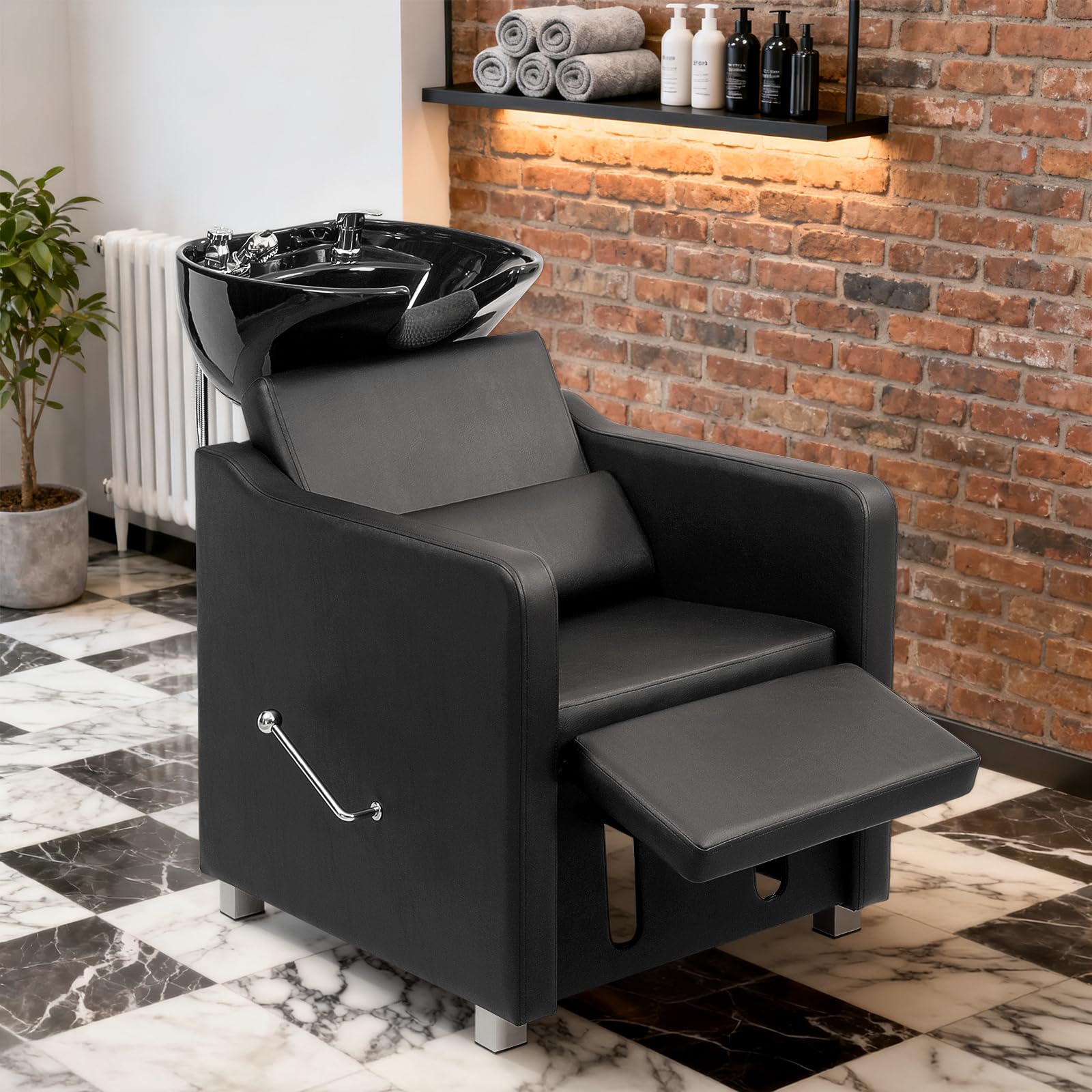 Dark Slate Gray Winado Shampoo Backwash Barber Chair with Ceramic Hair Wash Bowl Sink, Adjustable Leg Baffle, Reclining Shampoo Station Chair for Barbershop Beauty Spa Massage Hairdressing Equipment, Black