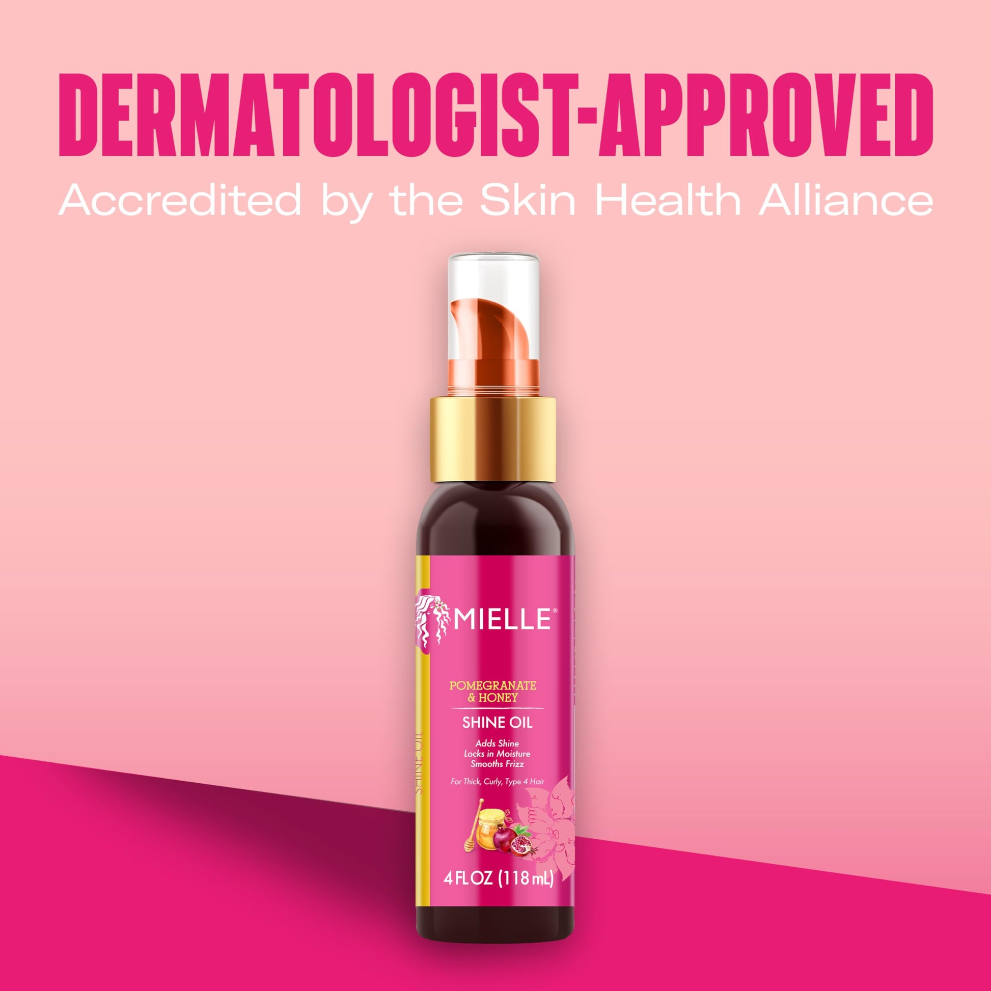Pink Mielle Organics Pomegranate & Honey Shine Oil, Lightweight Hair Oil for Curly & Coily Hair, Adds Shine, Locks in Moisture, Smooths Frizz, Heat Protection, Non-Greasy Finish, Type 4 Hair, 4 fl oz